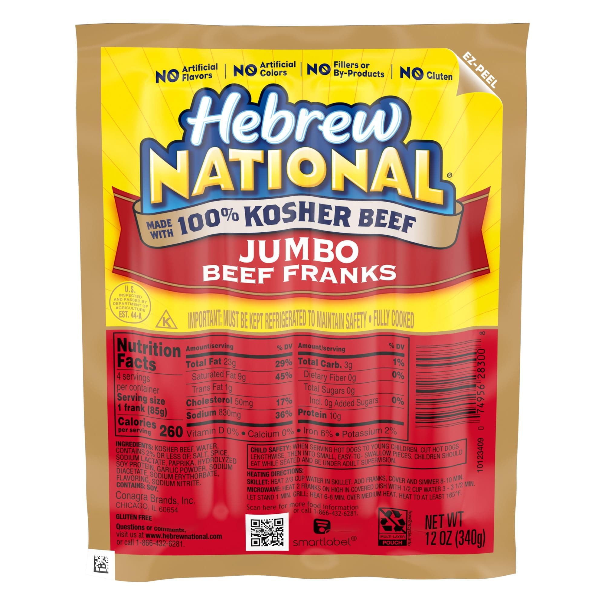 Hebrew National Jumbo Beef Franks, 12 OZ, 4 Count Pack