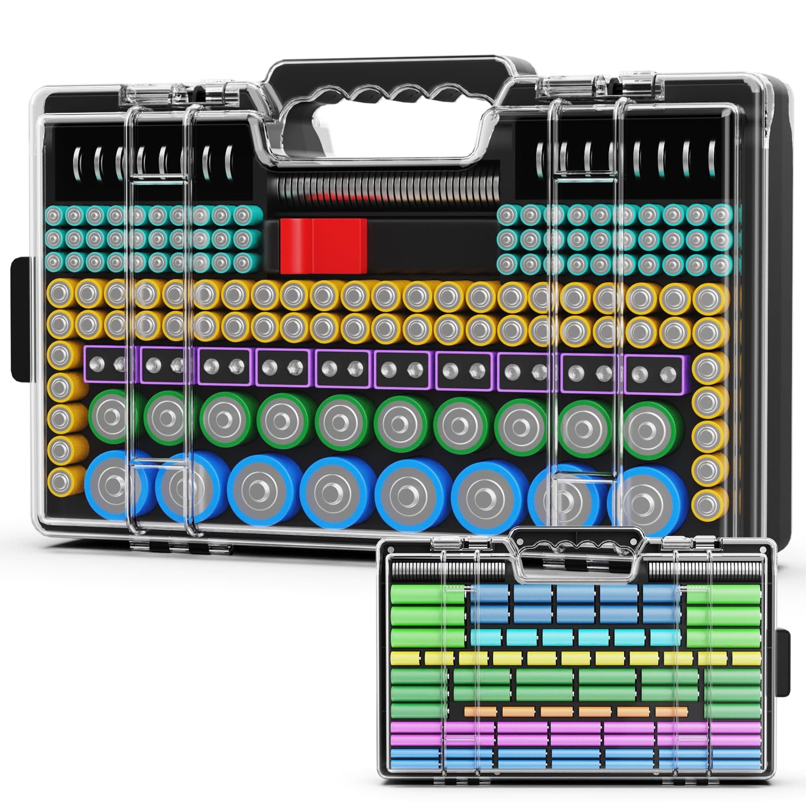 Narotood Battery Organizer Storage Holder Box Case with Tester, Ultra-Large 280+ Batteries Double-Sided Variety Pack,Holds AA AAA 4A C D Cell 9V 3V Lithium18650 LR44 CR2 CR123 CR1632 - Black