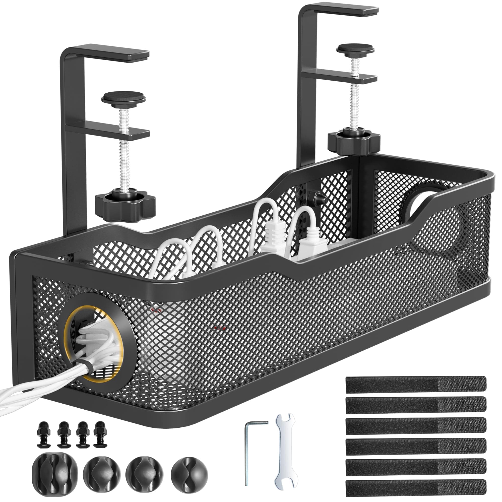 Cinati Under Desk Cable Management Tray Black, Cable Management Under Desk No Drill, Cable Tray with Clamp for Desk Wire Management,Desk Cable Management Box for Office, Home - No Damage to Desk