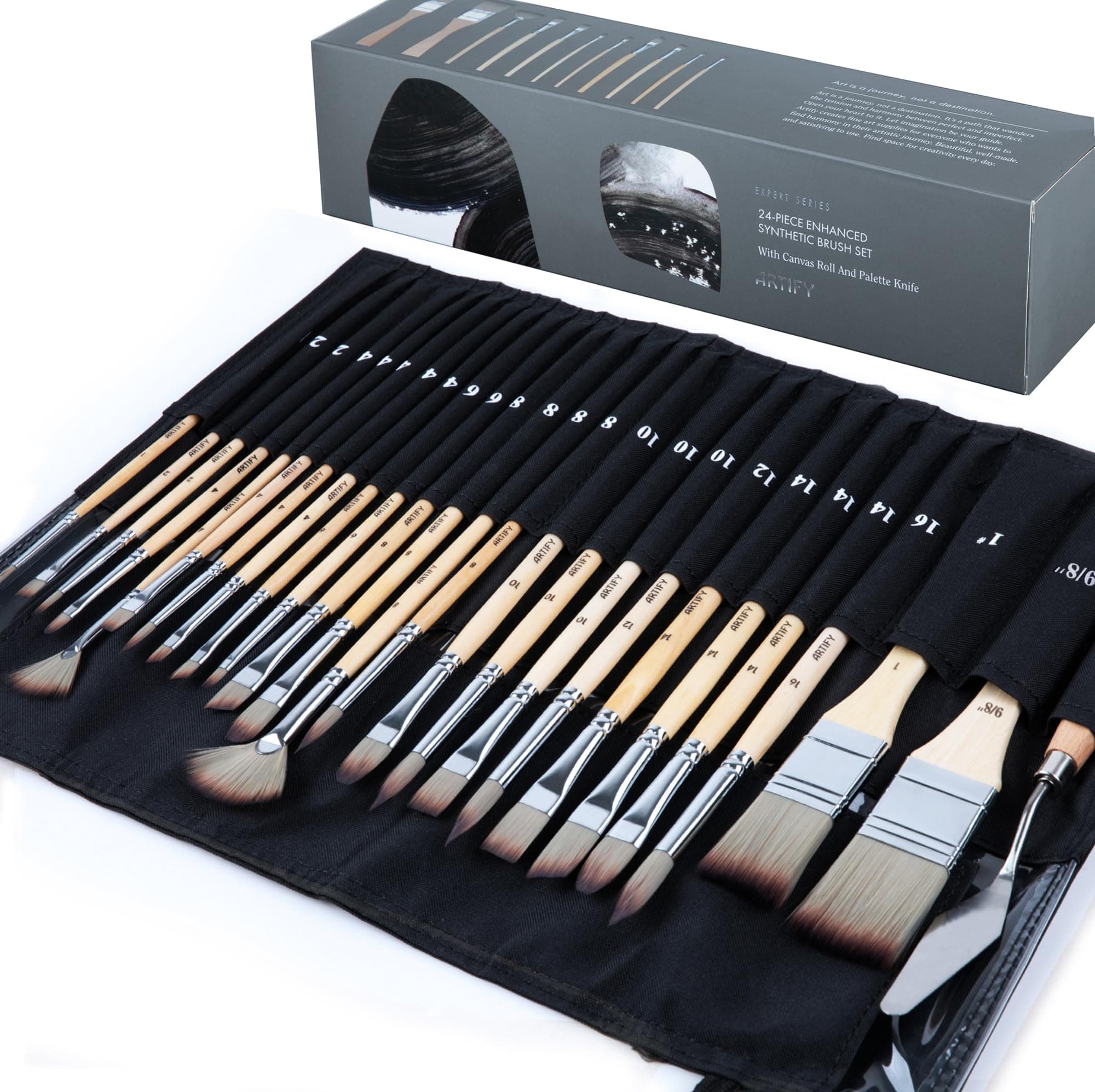 ARTIFY 25 pcs Paint Brush Set, Expert Series, Enhanced Synthetic Brush Set with Canvas Roll for Acrylic, Oil, Watercolor, Gouache (Birch)