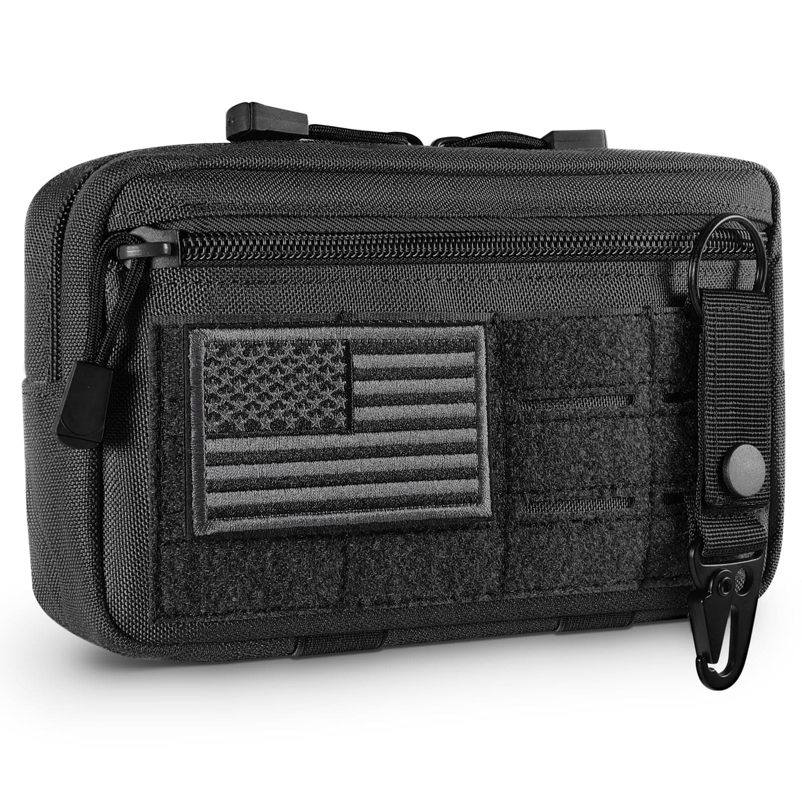Tactical Molle Admin Pouch Utility Laser Cut EDC Tool Pouch Bag Horizontal Modular Pouch with US Flag Patch and Keychain