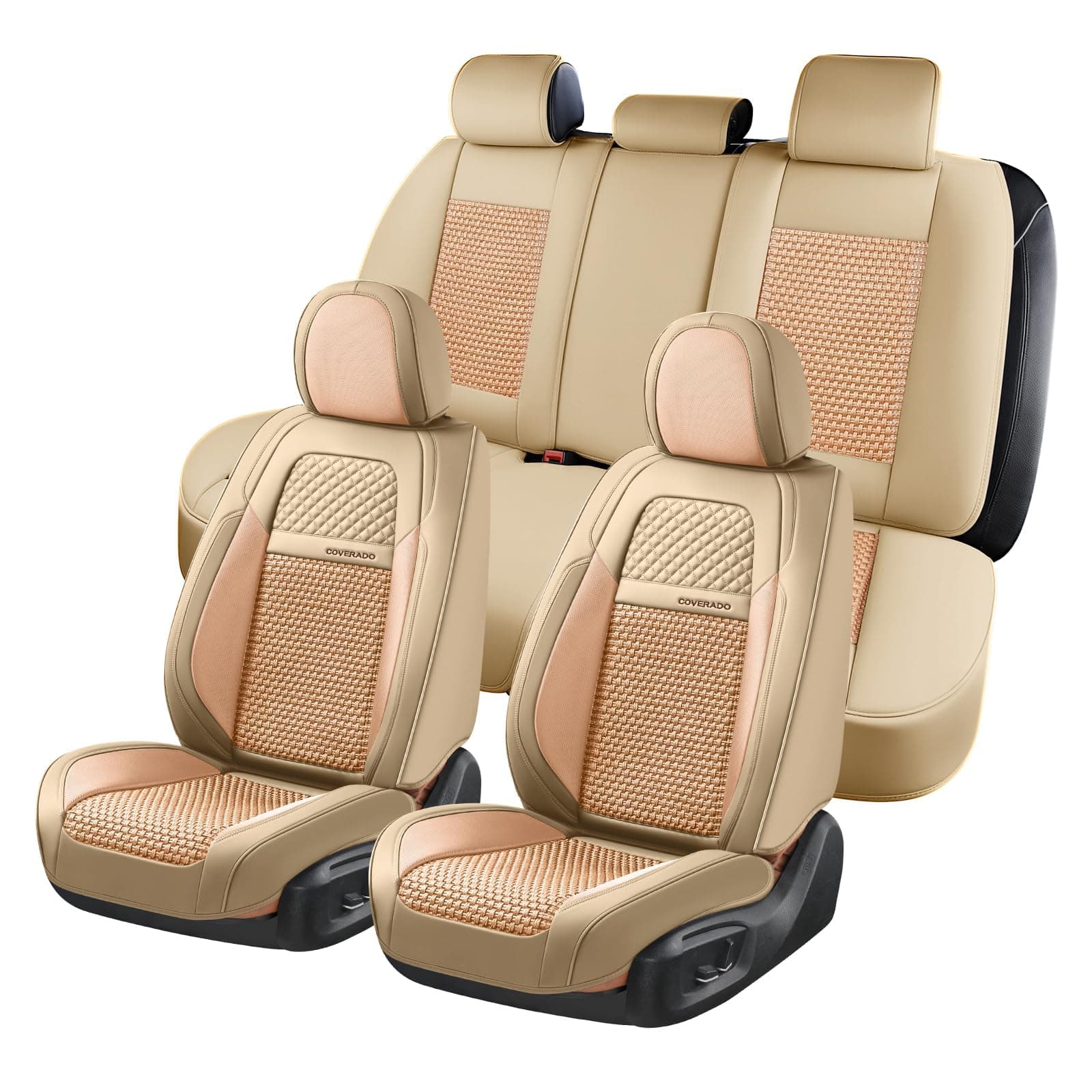 Coverado Car Seat Covers Full Set, Nappa Leather Beige Seat Covers for Cars, Waterproof Car Seat Protector, Front and Back Seats Universal Fit for Most Vehicles