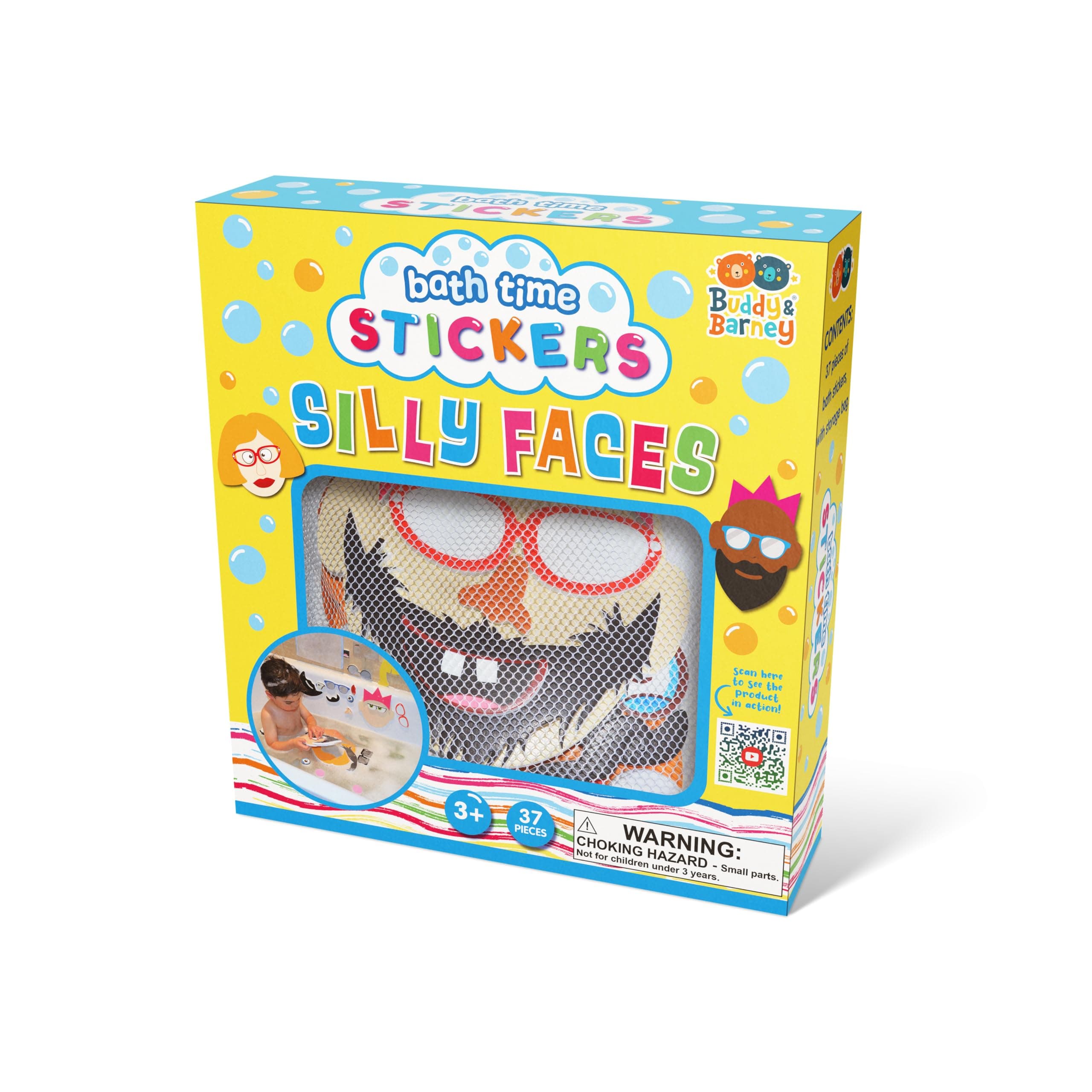 Buddy & Barney: Silly Faces Bath Time Stickers - 36 Reusable Foam Stickers & Mesh Storage Bag, Mix & Match, Fun Tub & Water Toy, Toddlers & Kids Age 3+