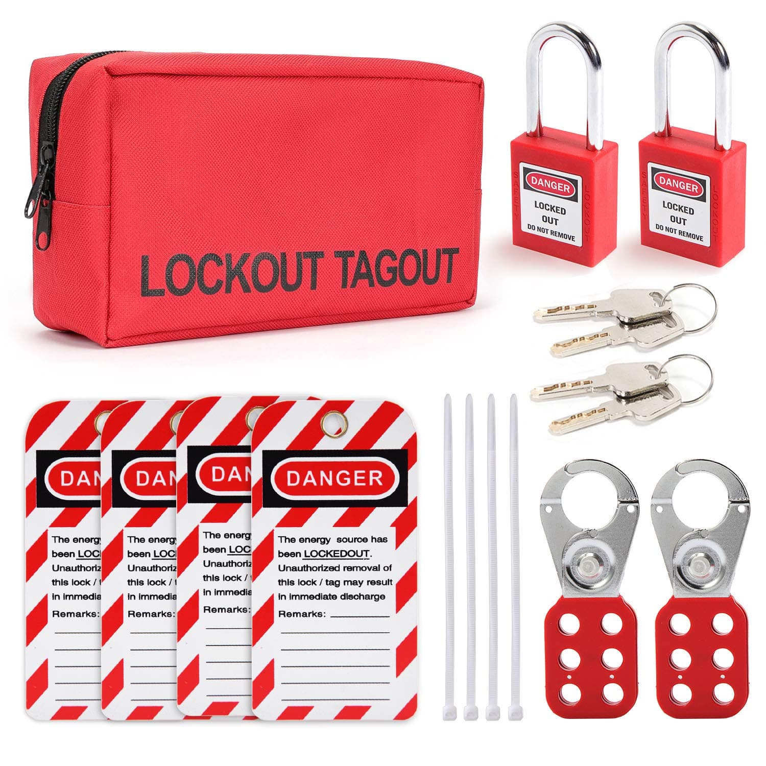 Safety Lockout Tagout Kit - Key Lock, Red, Silver