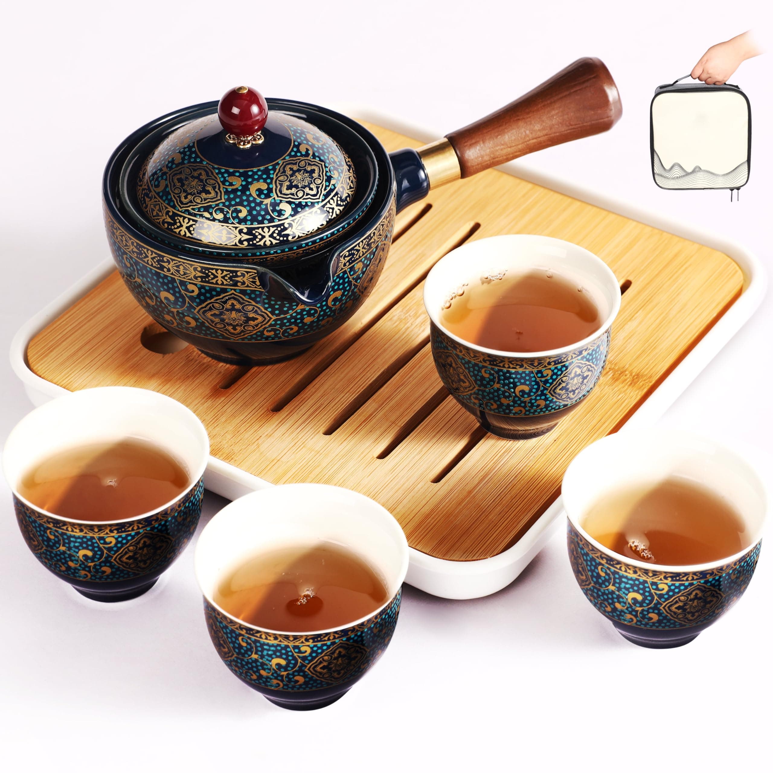 Authentic Chinese Tea Set, Portable Gongfu Tea Set, Giftable Rotating Japanese Teapot Perfect Gift for Tea-Lovers, for Gathering, Traveling, Indoors Outdoors