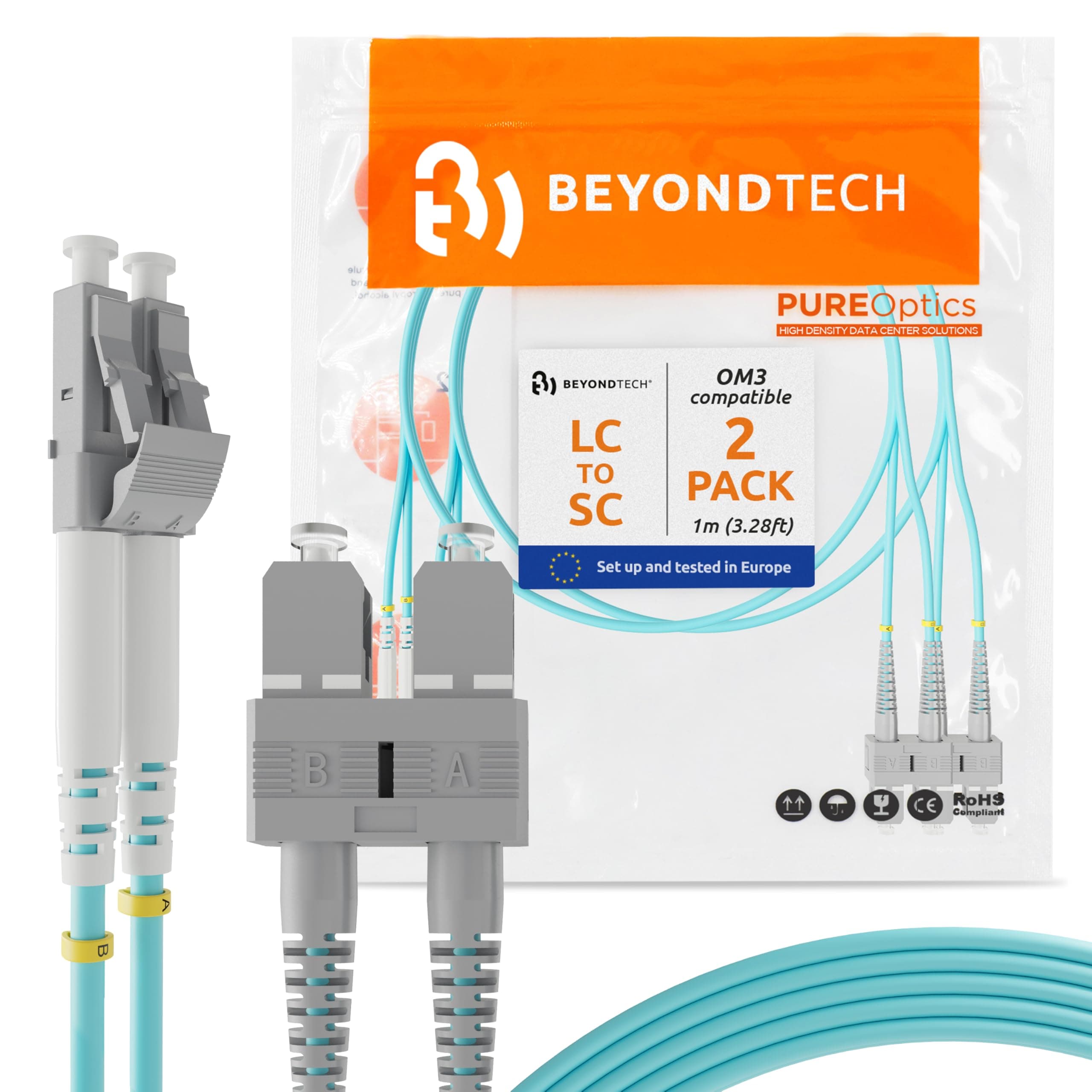 BEYONDTECH 1m (3.28ft) LC to SC Fiber Patch Cable – (2-Pack) UPC Multimode Duplex Fiber Optic Cable – 50/125µm core, Compatible with OM3 – 10G LSZH PUREOptics Series