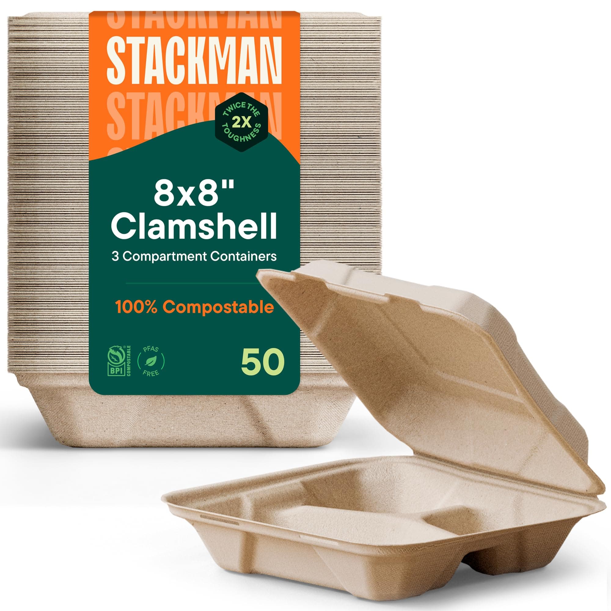 100% Compostable Clamshell Take Out Food Containers [8X8" 3-Compartment 50-Pack] Heavy-Duty Quality to go Containers, Natural Disposable Bagasse, Eco-Friendly Biodegradable Made of Sugar Cane Fibers