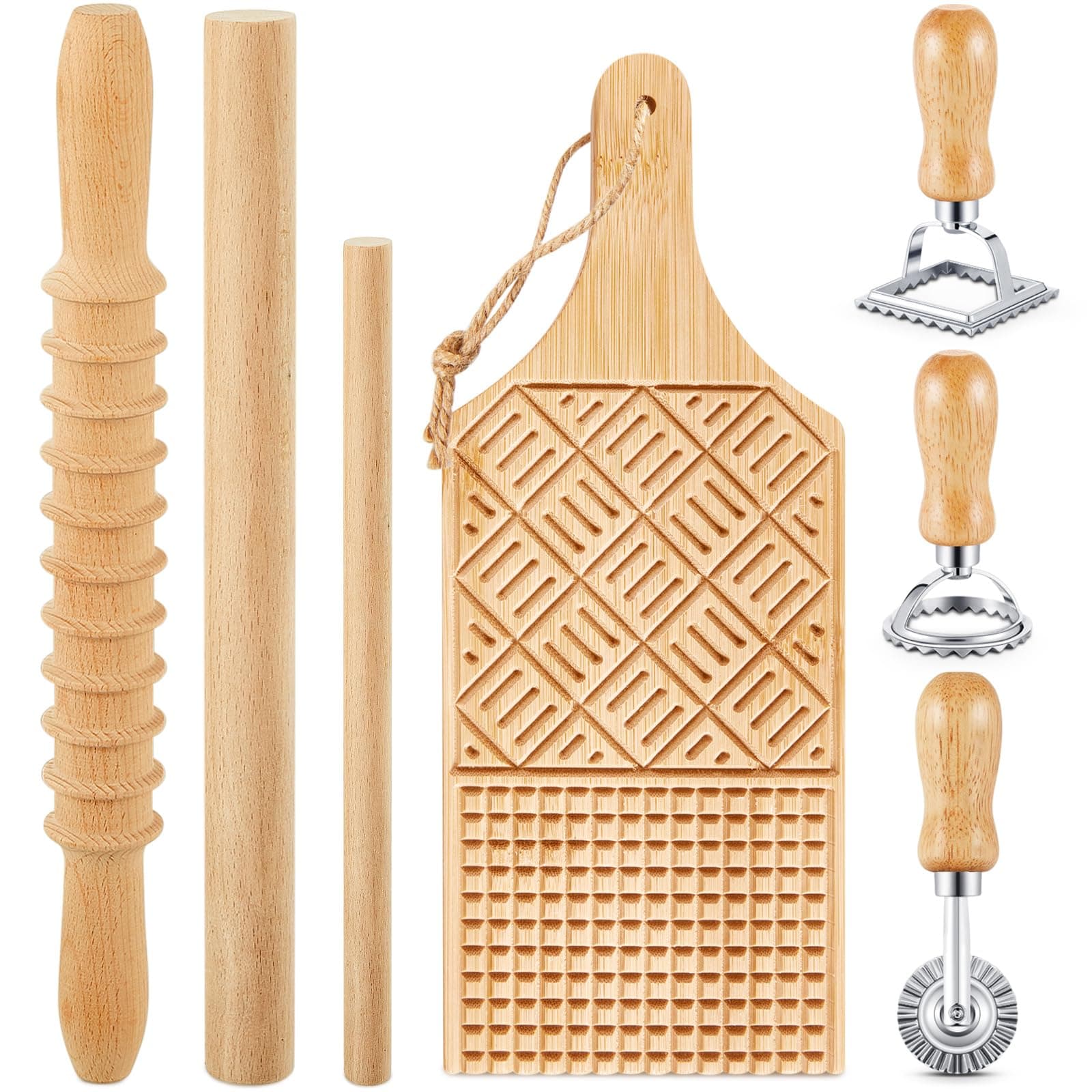 Tioncy 7 Pcs Pasta Making Tool Set Wood Gnocchi Board with Ravioli Stamp Ravioli Maker and Rolling Pin Homemade Gnocco Maker Kitchen Gift for Home Baking Lovers(Design Gnocchi Board Set)