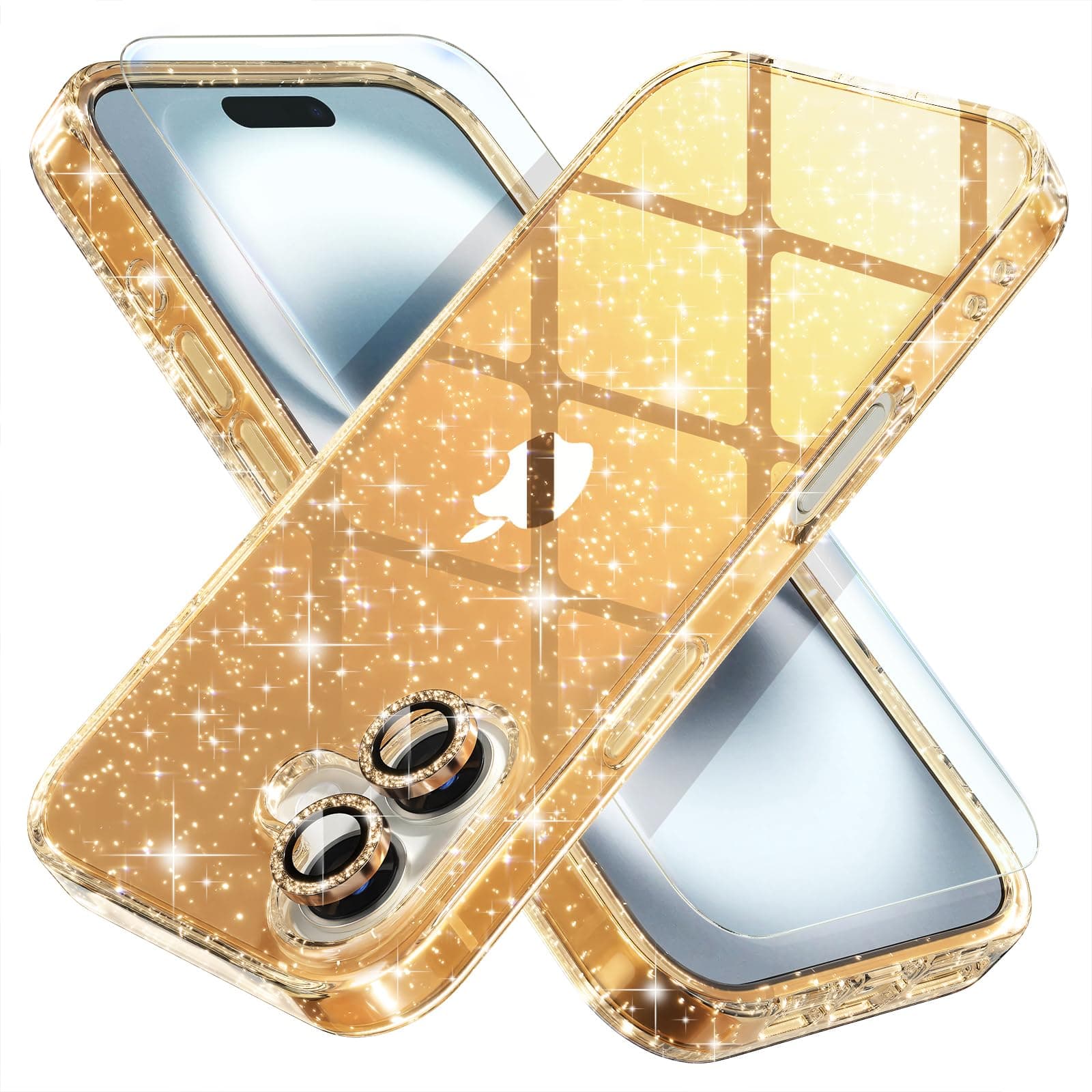 Choiche Compatible for iPhone 16 Plus Case Women Phone Case, Cute Bling Sparkly, Military Grade Drop Protection, 2 Diamond Camera Lens Covers, 2 Tempered Glass Protectors, 6.7 inch (Glitter Gold)