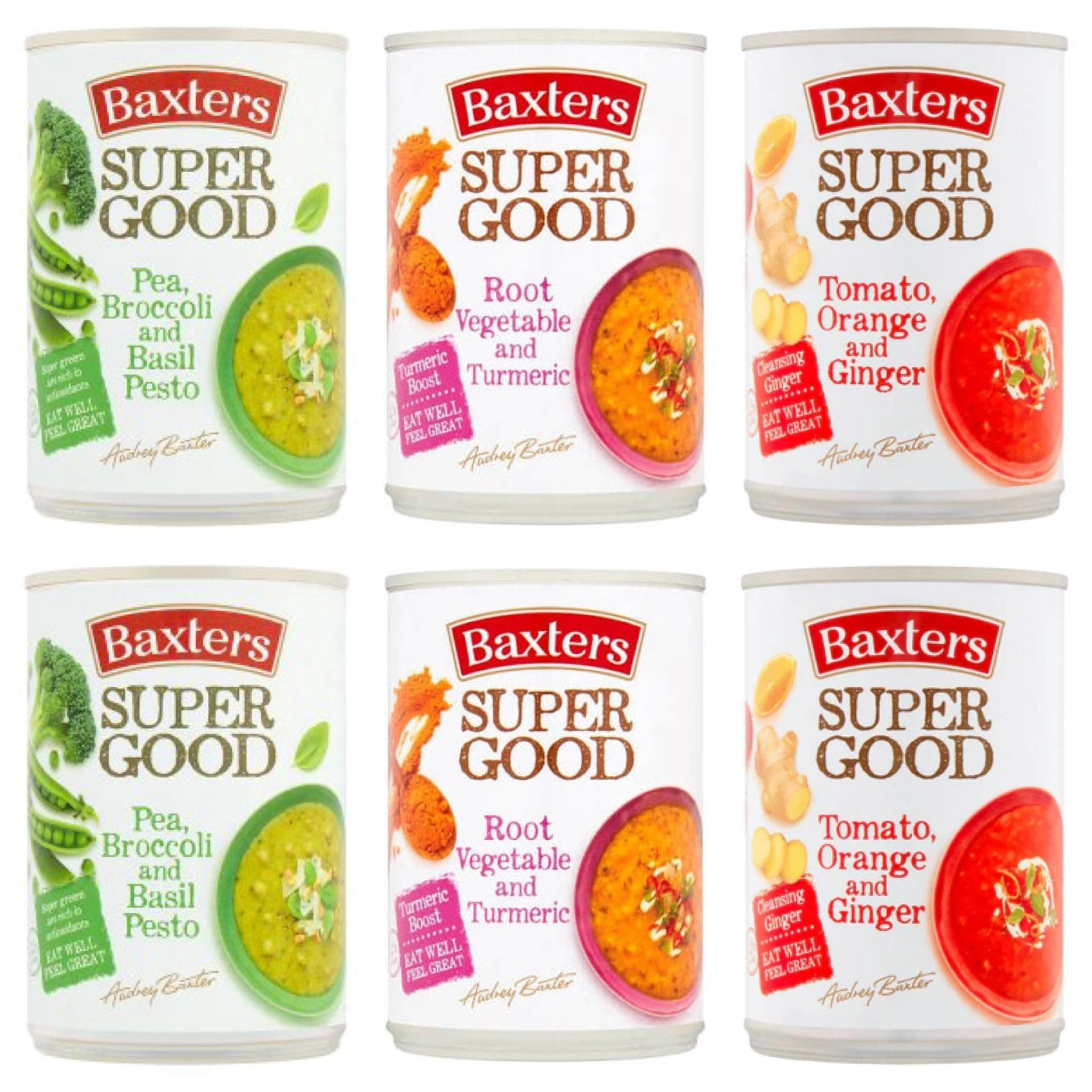 Soup Bundle - Contains Baxters Super Good Soup, Pea, Broccoli and Basil Pesto, Root Vegetable and Turmeric and Tomato, Orange and Ginger 2 of each flavor.