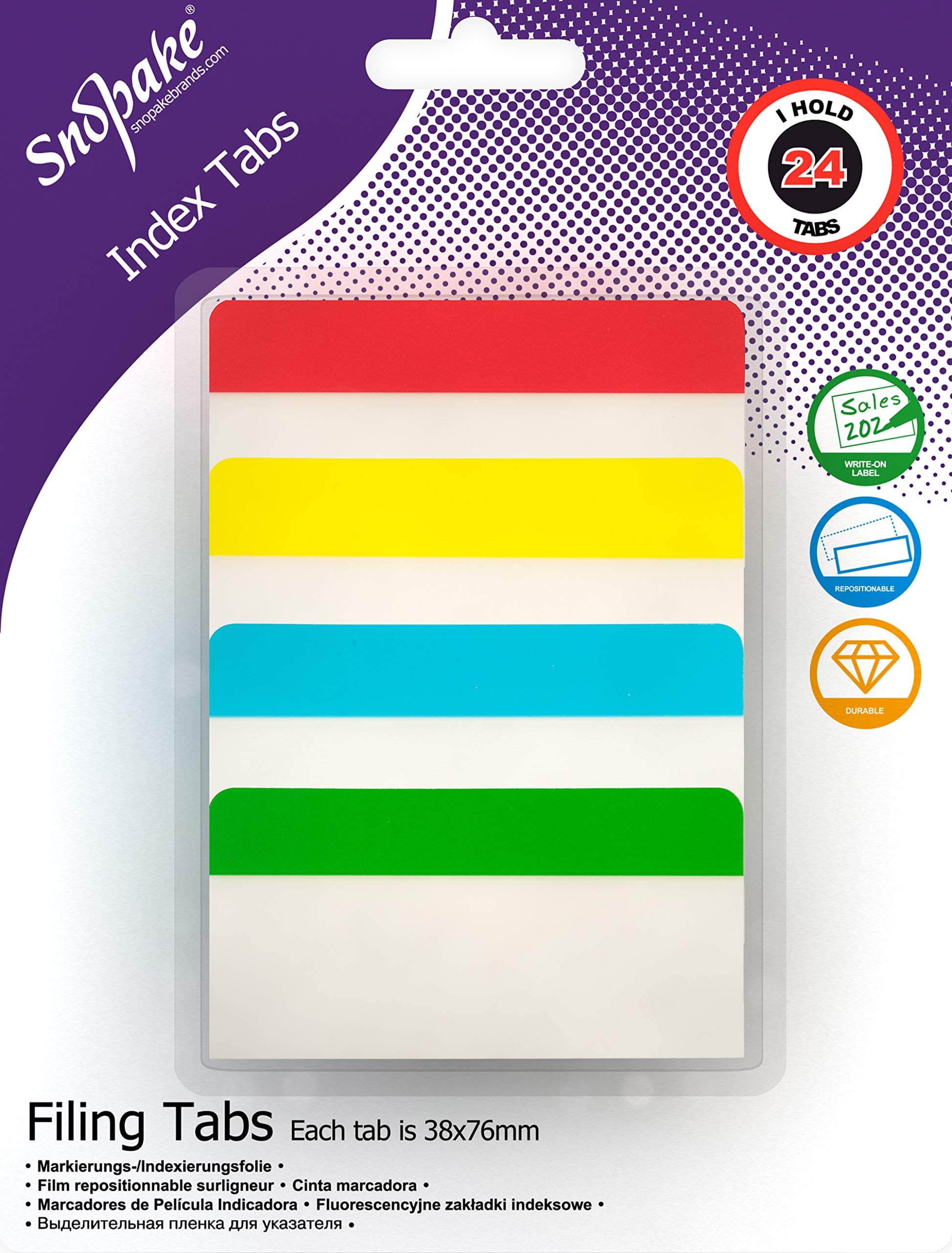 Snopake Extra Thick Repositionable Filing Index Tabs 38x76mm – 24 Tabs [Assorted/Semi-Transparent] 15884