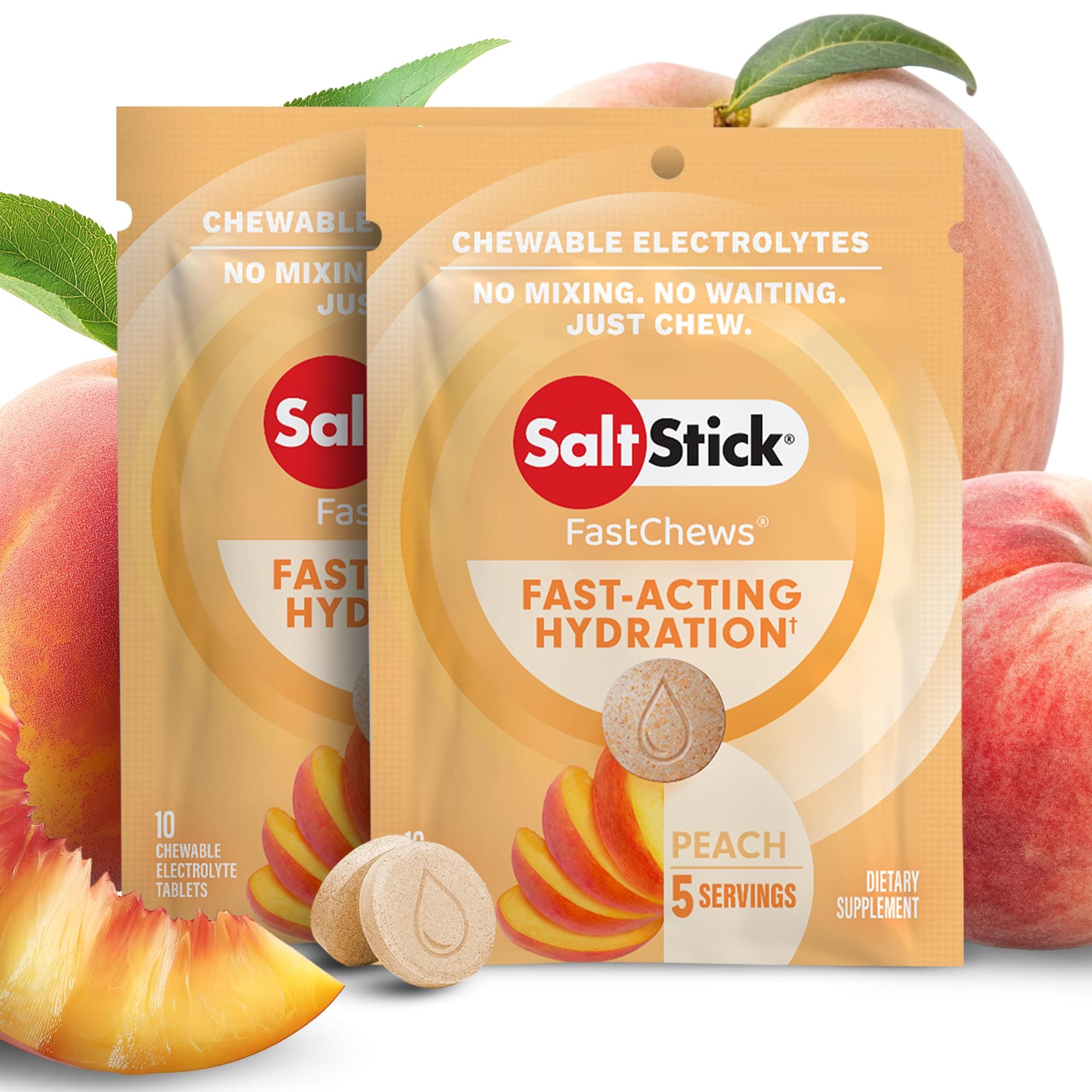 Fastchews, Electrolyte Replacement Tablets for Rehydration, Exercise Recovery, Youth & Adult Athletes, Hiking & Sports Recovery, 2 x Packets of 10 Tablets (Peach)