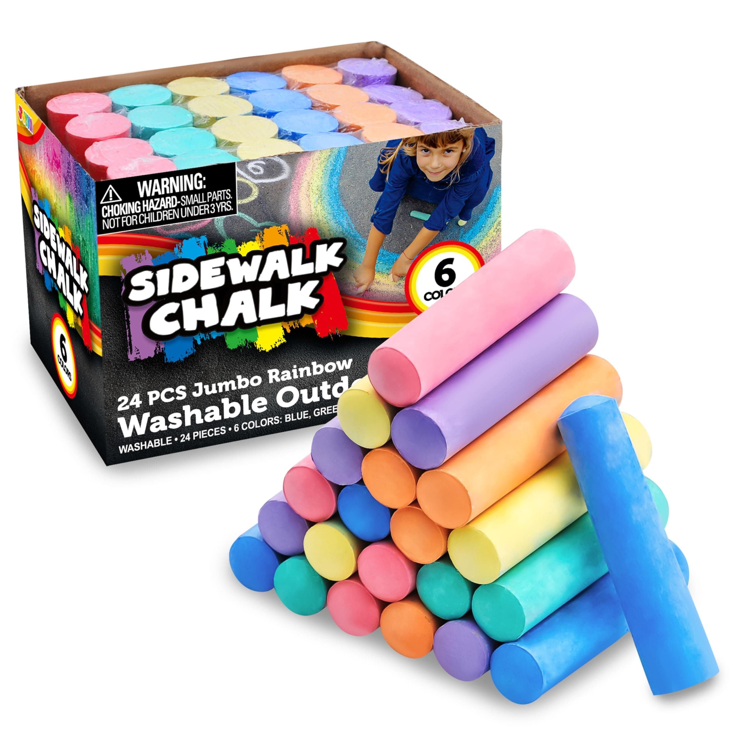 JOYIN 24 PCS Washable Sidewalk Chalks Set Non-Toxic Jumbo Chalk for Schools, Outdoor Art Play, Paint on Chalkboard, Blackboard and Playground (6 Colors)