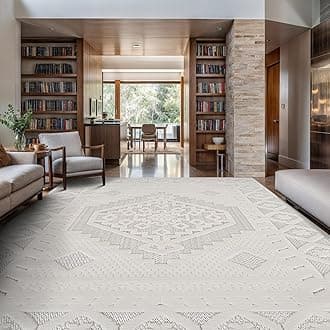Modern Micro Loop Indoor Area Rugs for Living Room Bedroom Kitchen Geometric Trellis White 5x7 Luxury Durable Low and High Pile Non-Shedding Stain Resistant Soft Area Carpet 5 x 7