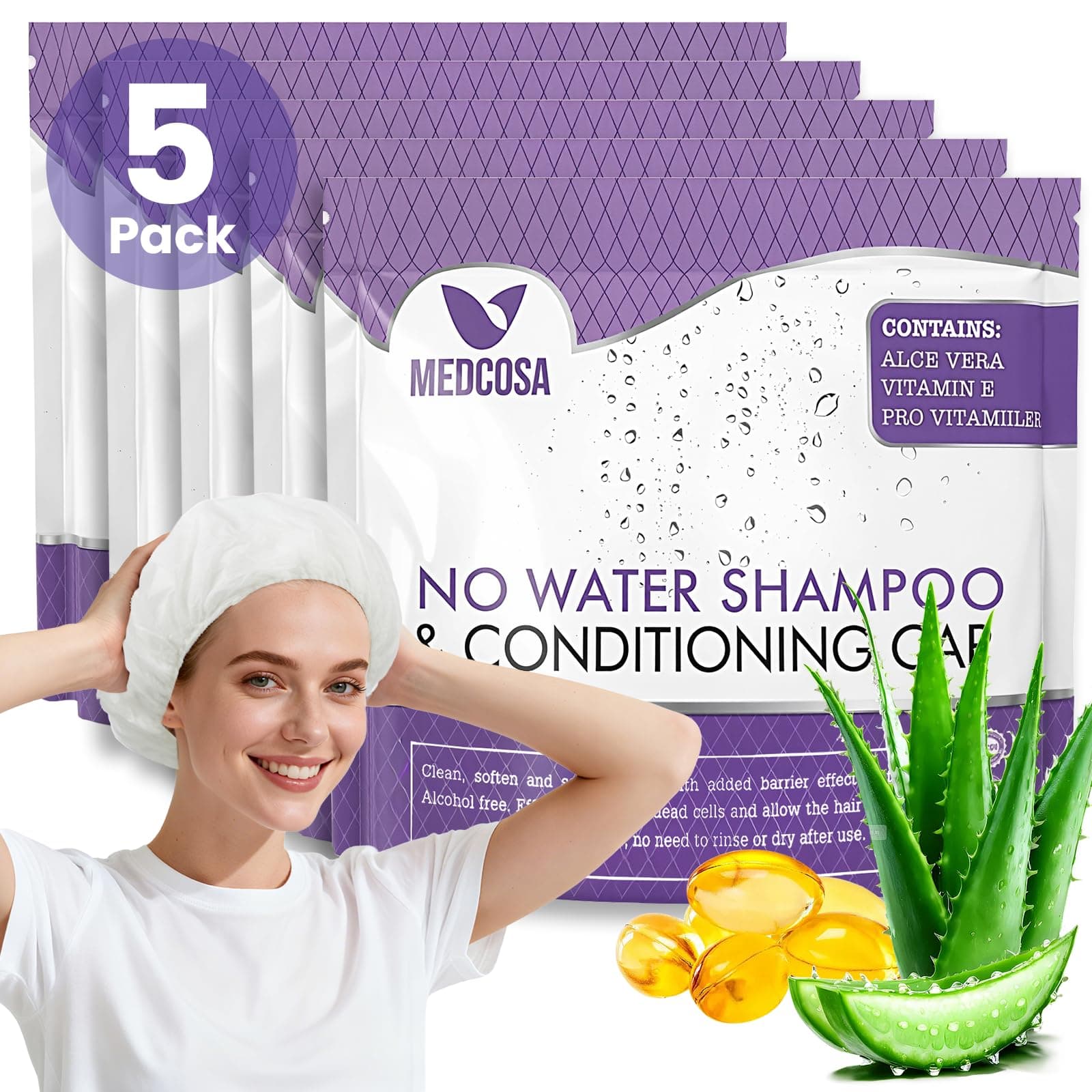 Shampoo Caps No Rinse - Shampoo Caps for Bedridden Patients - Hassle-Free Hair Washing Cap for Elderly - Aloe, Vitamin E, Chamomile - 5-Pack