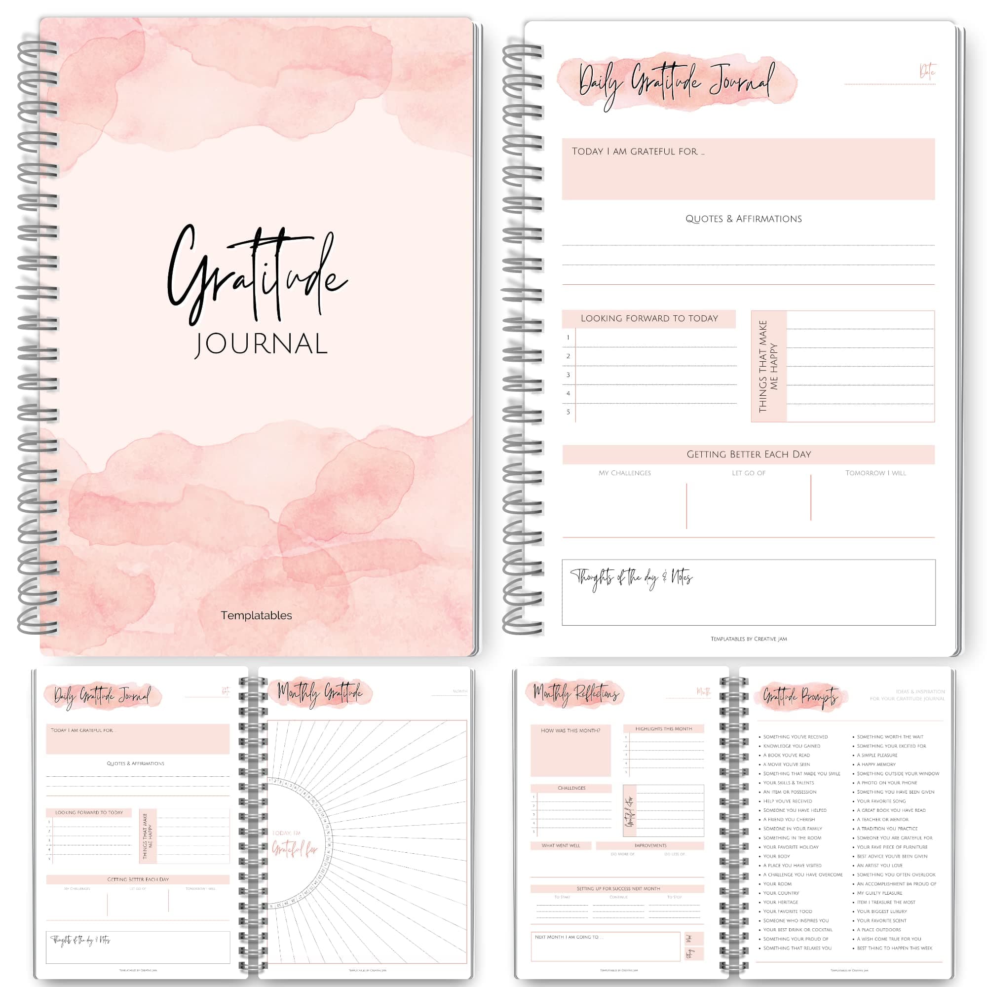 Gratitude & Mindfulness Journal - Self Care Planner, Positivity Diary, Daily Template, Jar, Wellness, Manifestation - A5 Pink Watercolor