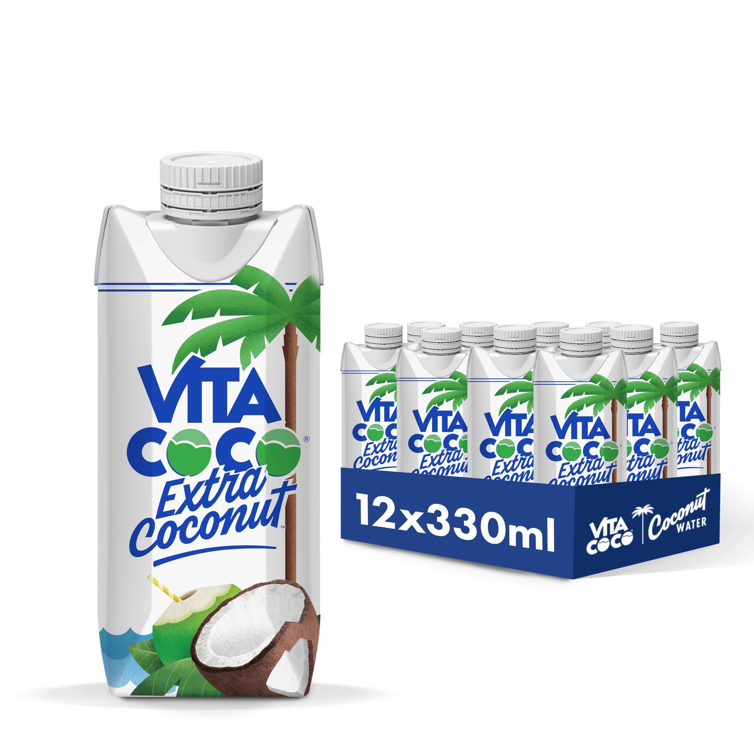 Extra Coconut Water Multipack 330ml x 12, Pressed Coconut Water, Gluten Free, Full Of Vitamin C, Low-Calorie, Thirst Quenching Refreshment