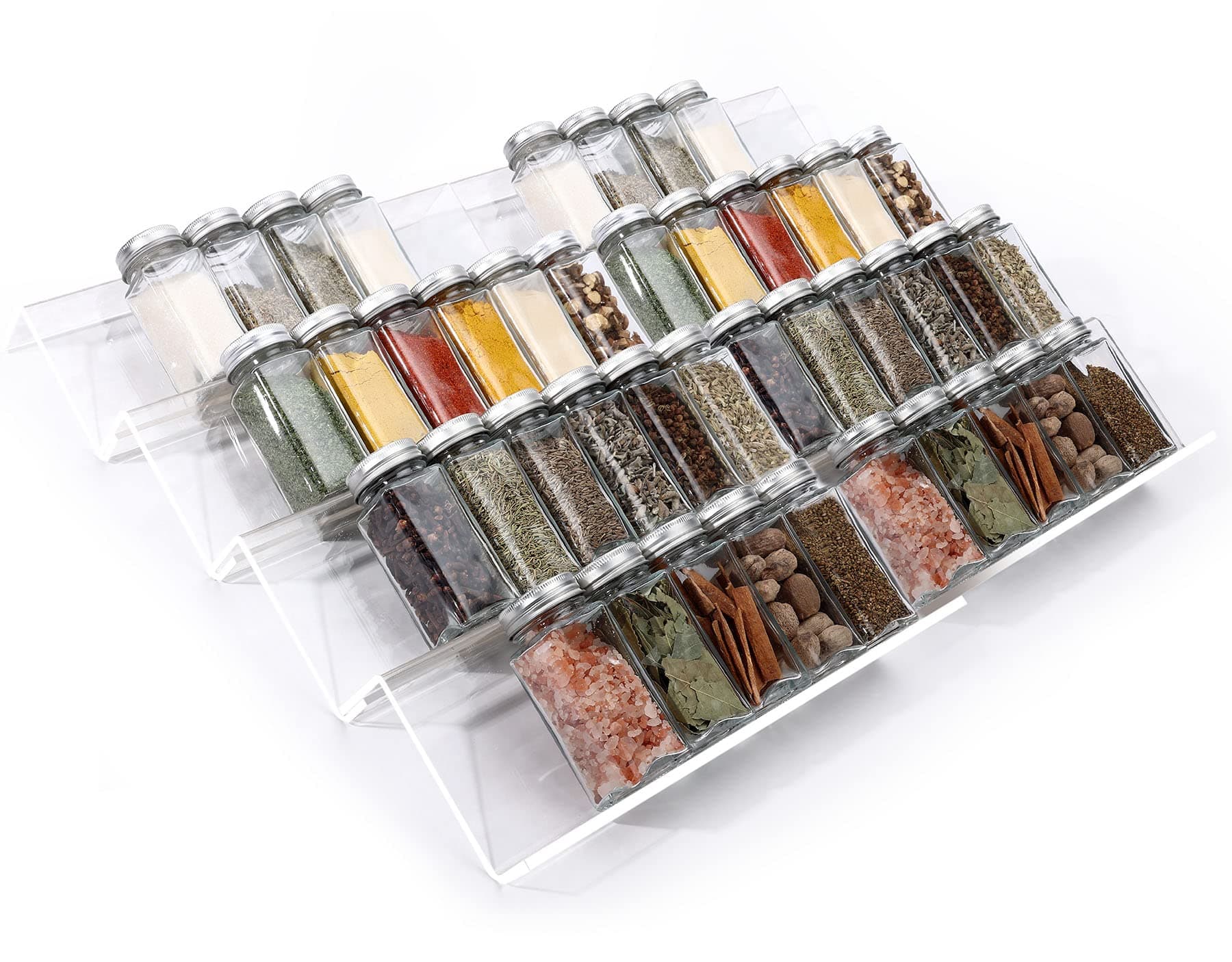 MIUKAA Clear Acrylic Spice Drawer Organizer, 4 Tier- 2 Set Expandable From 9" to 18" Seasoning Jars Drawers Insert, Kitchen Spice Rack Tray for Drawer/Countertop (Jars not included)