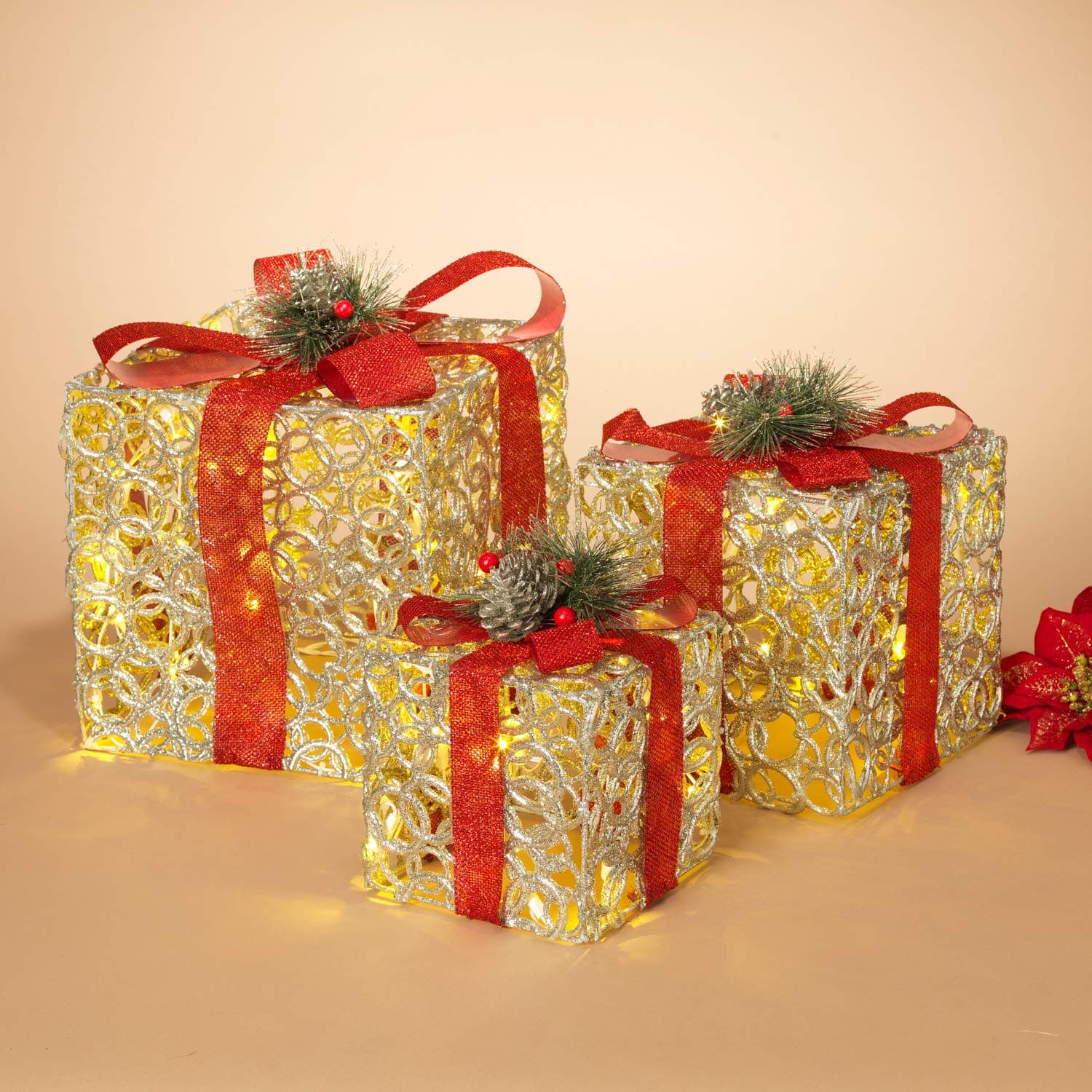 Set of 3 Lighted Holiday Silver Circle Gift Boxes with Red Bow - Tabletop Christmas Decoration