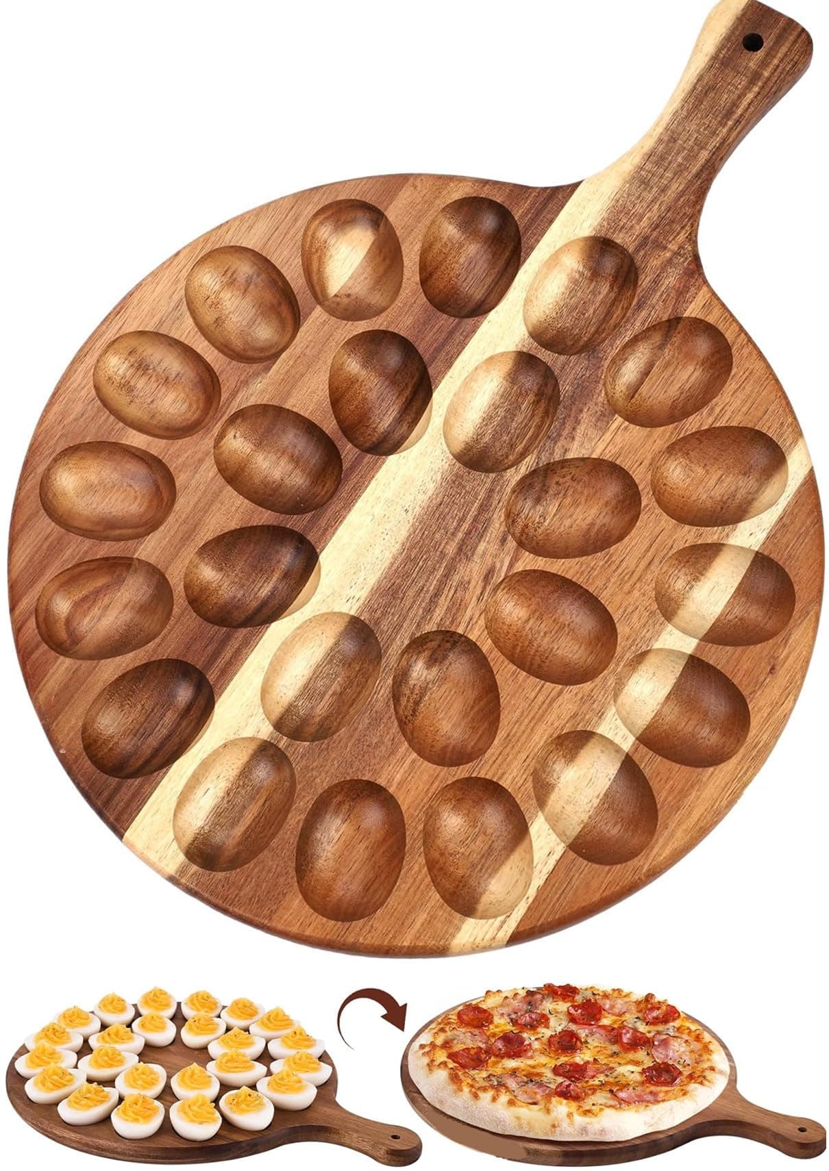 WsobueDeviled Egg Platter, 24 Holes Wooden Round Deviled Egg Tray Holder Charcuterie Board for Kitchen Countertops (Round-24 Holes)