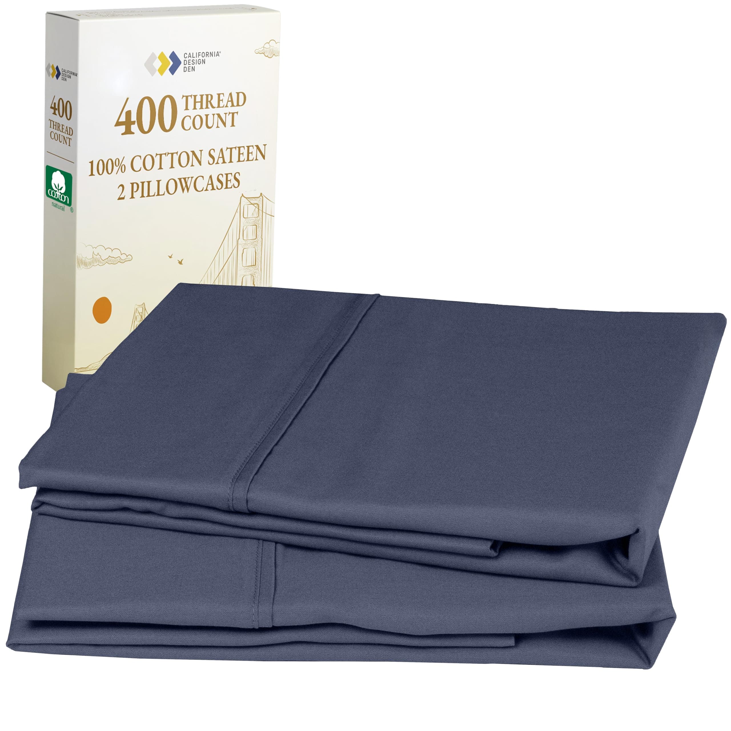 California Design Den Standard Queen Size Pillowcase Set - 400 Thread Count, 100% Cotton Sateen, Set of 2 Pillow Covers, Soft and Breathable - Indigo Dusty Blue