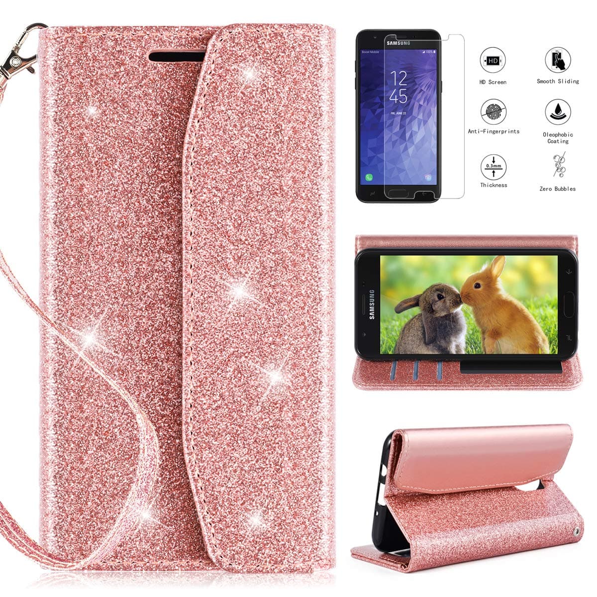 Samsung Galaxy J3 2018 Case,J3V 3rd Gen Case,J3 Star Case,Express Prime 3/J3 Achieve/Amp Prime 3/J3 Orbit Case Wallet w/Screen Protector,[Kickstand][Card Slots][Wrist Strap] w/Cosmetic Mirror,RoseGold