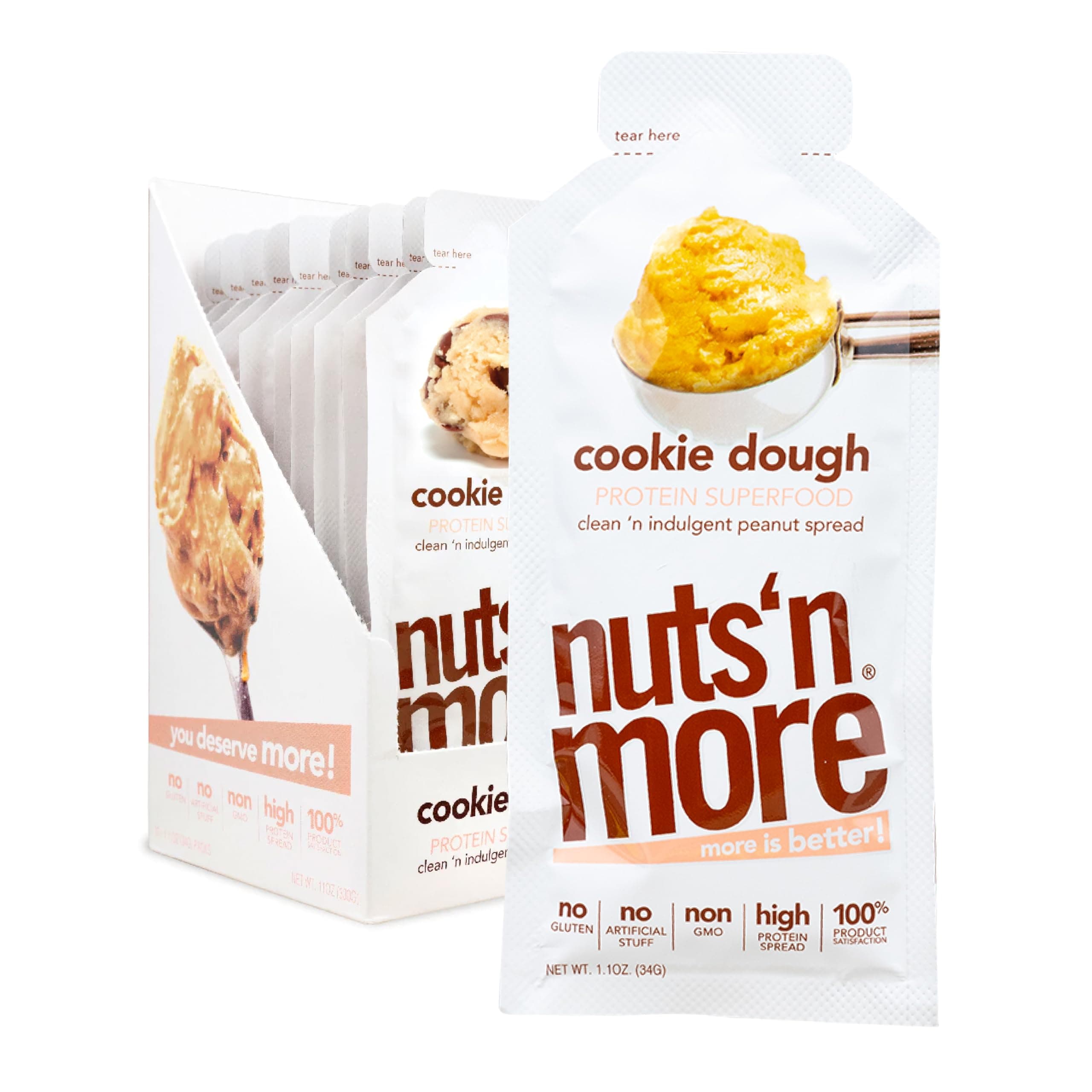 Nuts 'N More Cookie Dough Snack Packs - High Protein Peanut Spread, All-Natural, Low Carb, Low Sugar, Gluten Free, Non-GMO, with Omega-3s and Antioxidants (1.10oz Packets, 10-Pack)