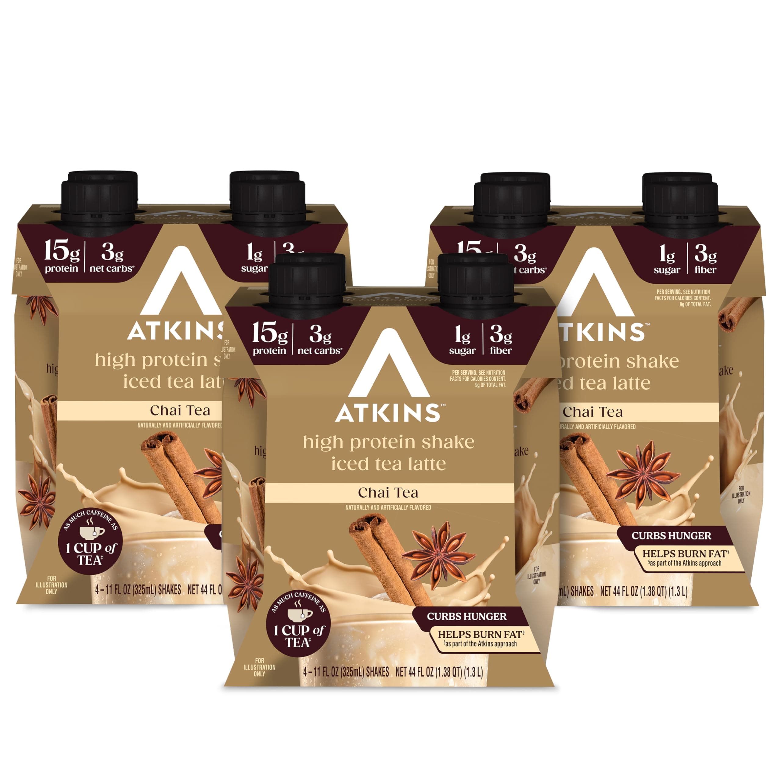 Atkins Chai Tea Latte Flavored Protein Shake, High Protein Shake, Low Glycemic, Low Carb, Low Sugar, Keto Friendly, Gluten Free, Ready to Drink Protein Shake, 12 count (3 sets of 4)