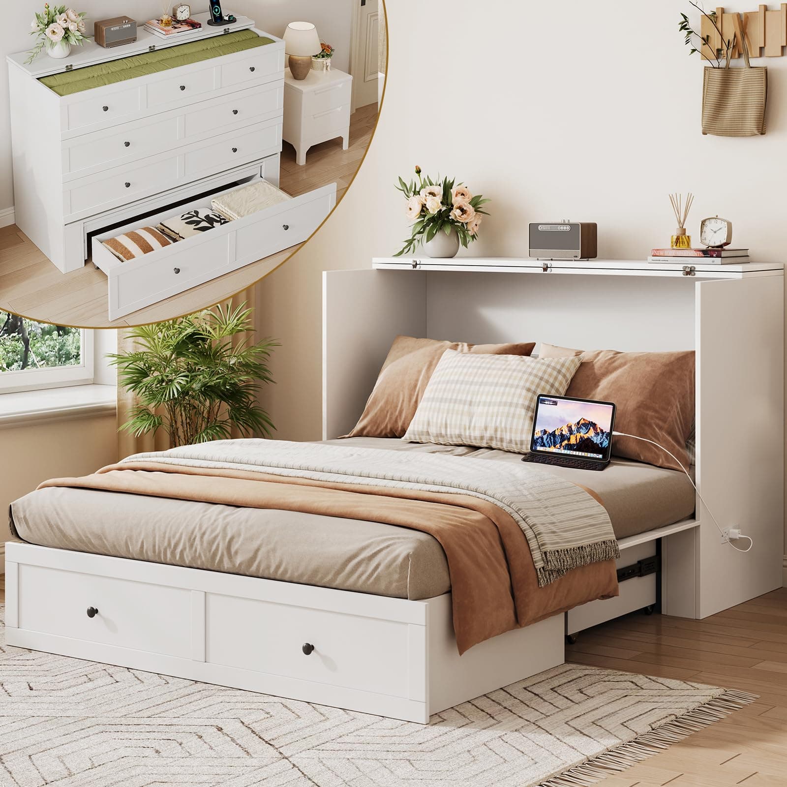 LIVAUVEAD Full Size Murphy Bed with Charging Station & Drawer, Full Size Mobile Cabinet Bed Frame, Murphy Chest Bed for Bedroom, Guest Room