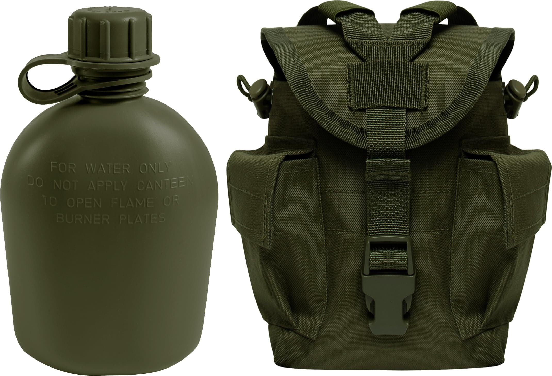 Olive Drab Genuine GI 1 Quart Plastic Canteen & Olive Drab MOLLE II Canteen Cover & Utility Pouch