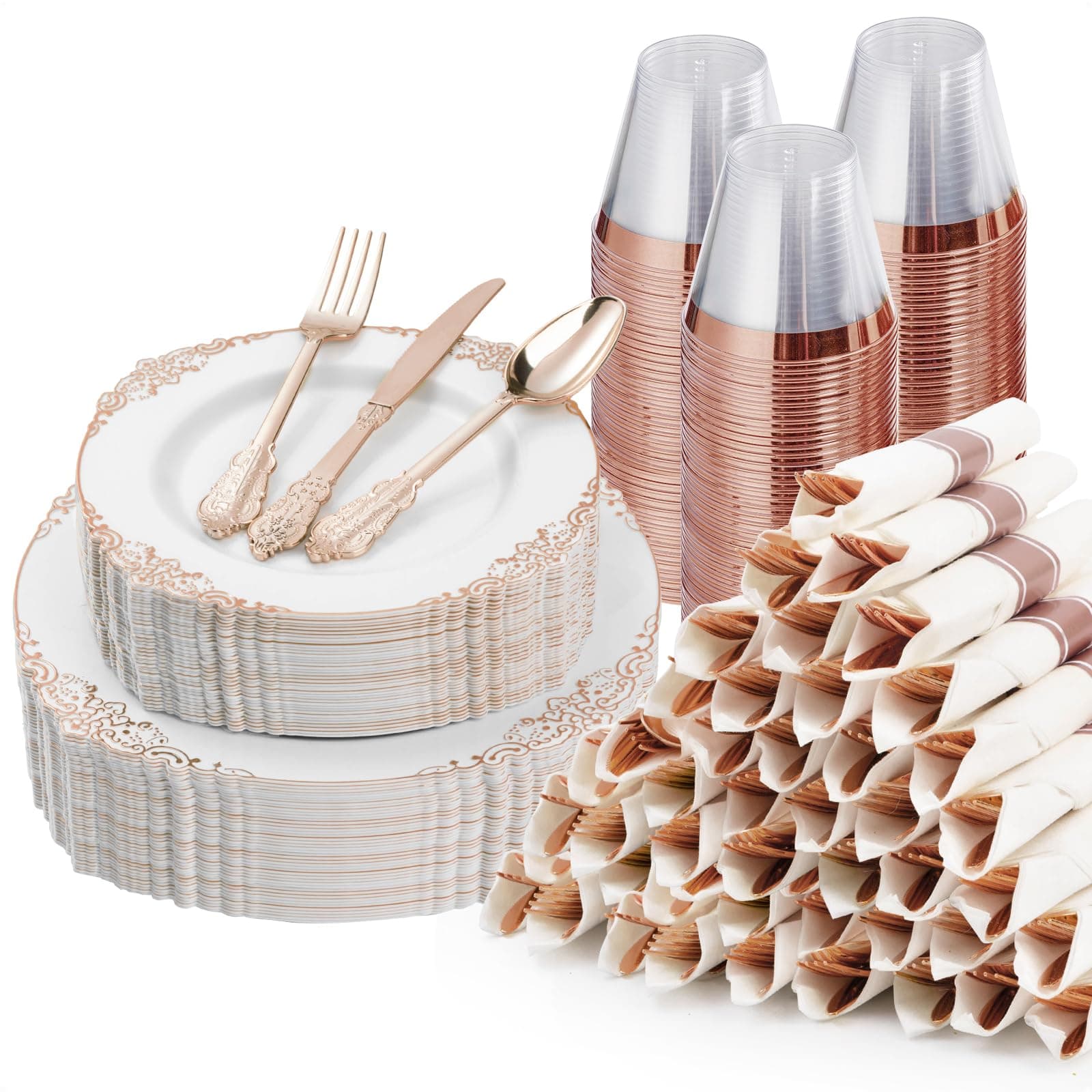 Bestluck 350PCS Rose Gold Plastic Plates for 50 Guests, Disposable Dinnerware Sets Include 100 Rose Gold Rim Plastic Plates, 50 Silverware and Cups, 50 Pre Rolled Napkins for Party, and Graduation