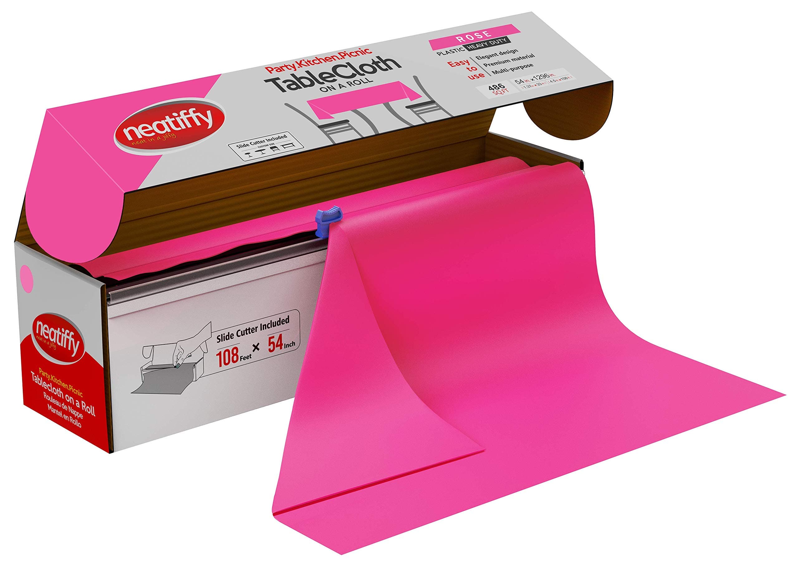 Neatiffy Disposable Plastic Table Cloth Roll | 54 in x 108 Ft Waterproof Tablecloth | Table Cover for Rectangle, Square, Round Oval Tables | Picnic, Party, Banquet, Birthdays, Weddings, Pink