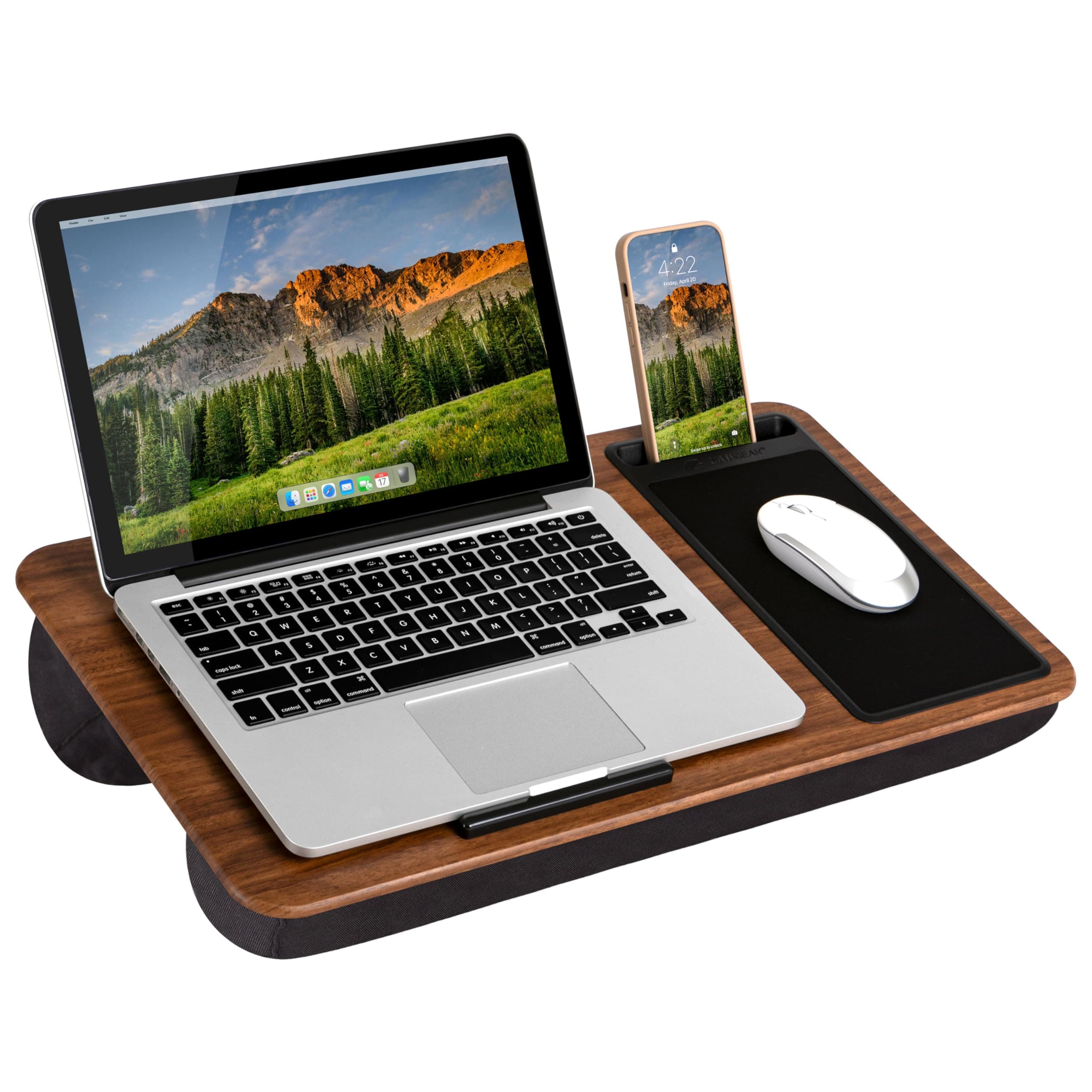 Home Office Lap Desk with Device Ledge, Mouse Pad, and Phone Holder - Espresso Woodgrain - Fits up to 15.6 Inch Laptops - Style No. 91575