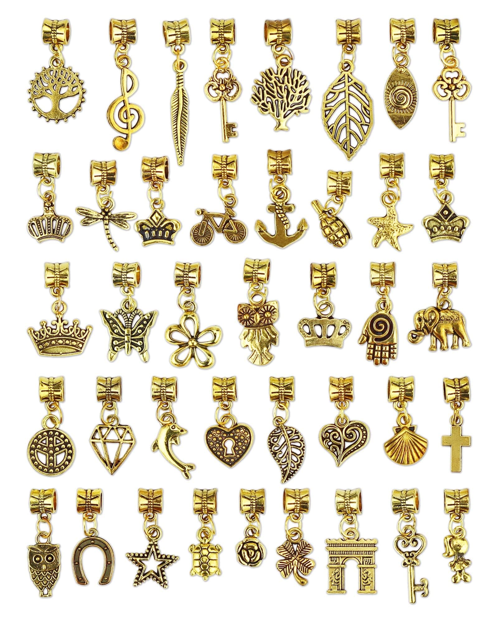 JIALEEY 40Pcs Antique Gold Dangle Charm Beads, Dangle Spacer Beads Bails Connector with Multistyle Pendant Charm Dangler for DIY Bracelet Necklace Jewelry Making