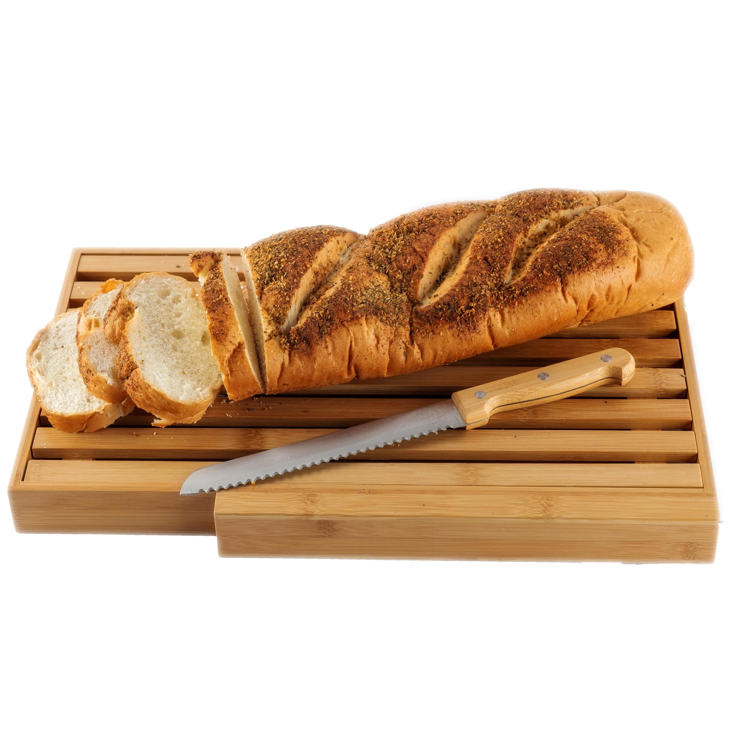 Large Bamboo Bread Cutting Board with Crumb Tray with Large Bread Knife, Bread Serving Tray for Kitchen
