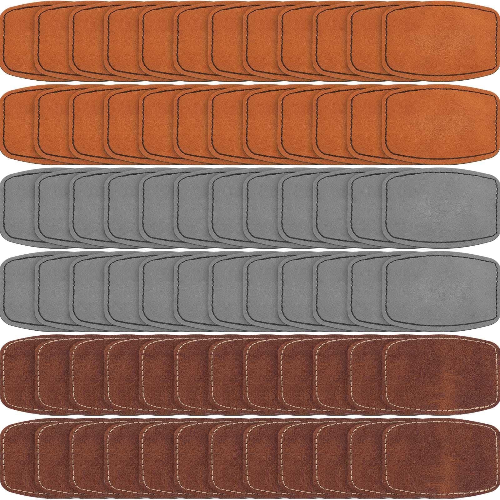 60 Pcs Blank Leatherette Hat Patches with Adhesive Rustic Leatherette Rounded Rectangle Patch Faux Leather Patches for Hats Costumes Fabric Repair Sew Laser Supplies, 3 x 2 Inches (Khaki, Gray, Brown)