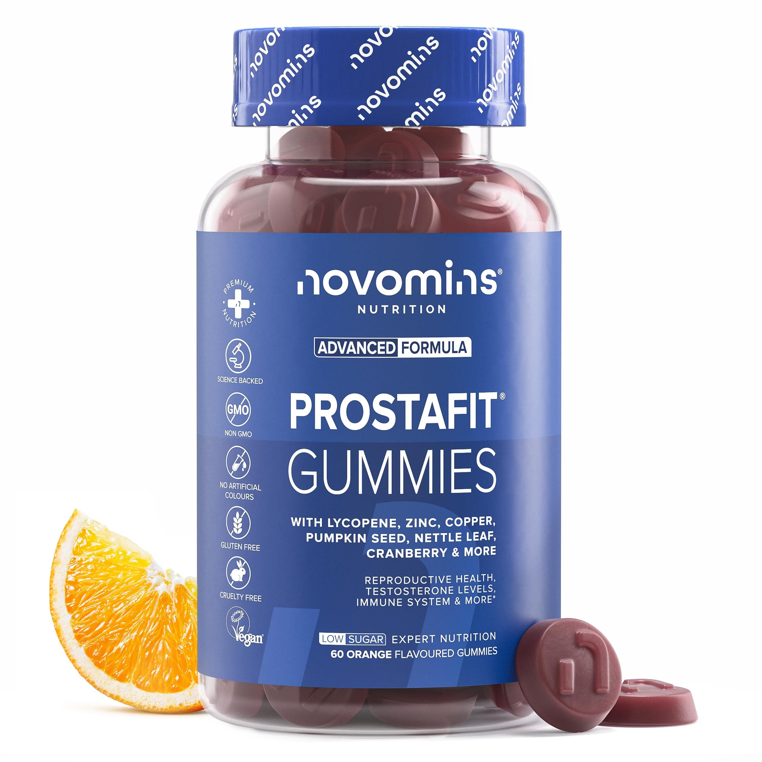 – Novomins Prostafit - Men's Gummies Supplement - High Strength Nettle Leaf, Pumpkin Seed, Zinc & Lycopene - Comprehensive Men's Wellness Formula - Vegan - Natural Orange Flavour - 60 Gummies