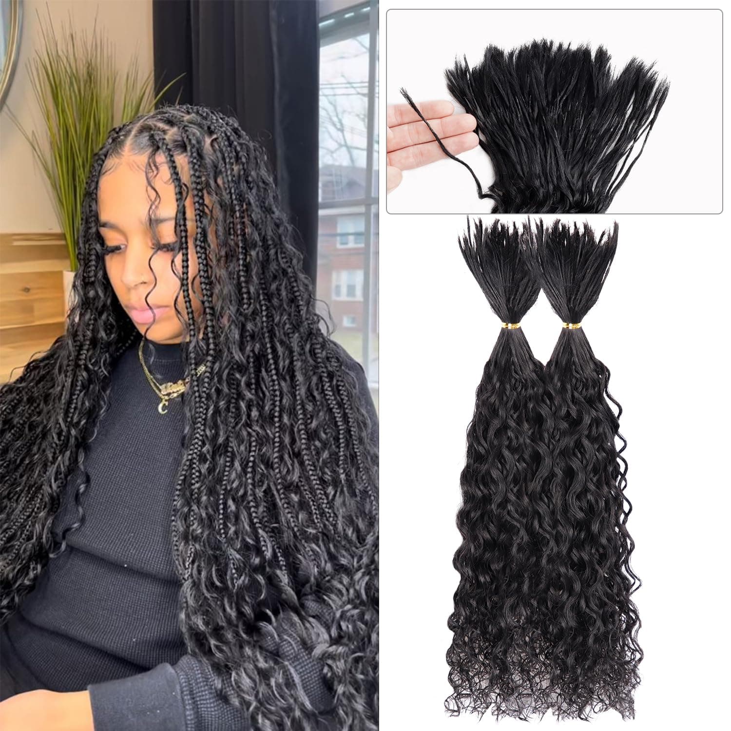 Pre-Divided Human Braiding Hair for Boho Braids Water Deep Wave Human Hair Bulk for Braiding Curly Human Hair for Boho Locs Boho Crochet Braids Human Hair Extensions (1B, 16""-320Strands)