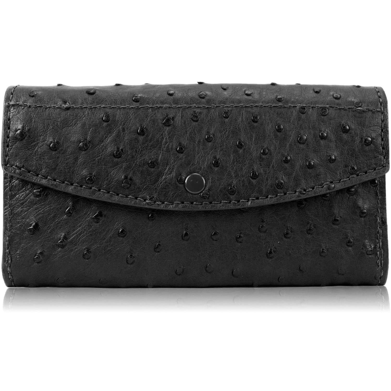 Genuine Ostrich Skin Leather Clutch Wallet for Women, Slim Snap Closure Wallet (Black)