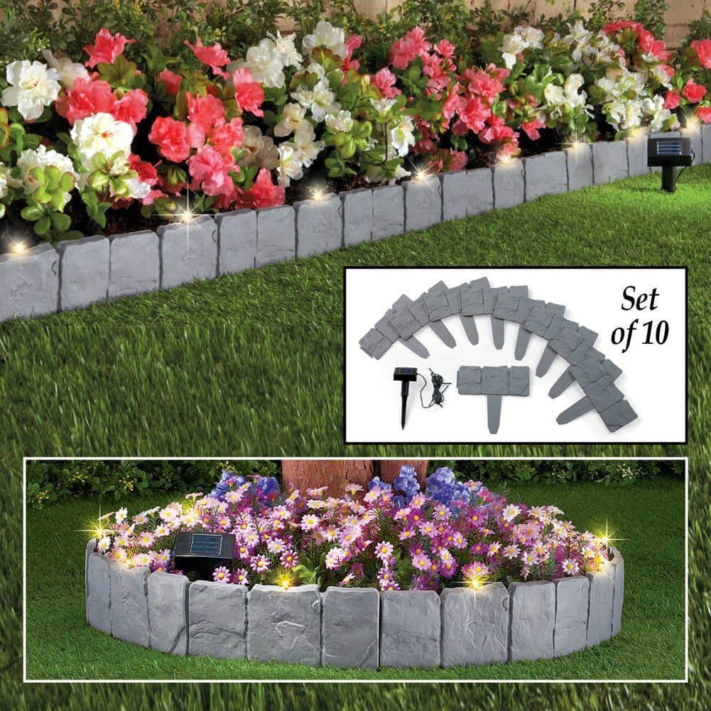 Parkland 10 Pack Cobbled Stone Effect Garden Lawn Edging with Solar Powered LED Lights - Simply Hammer In | Plant Border Decorative Flower Bed Interlocking Stone Trim for Landscaping Walkways
