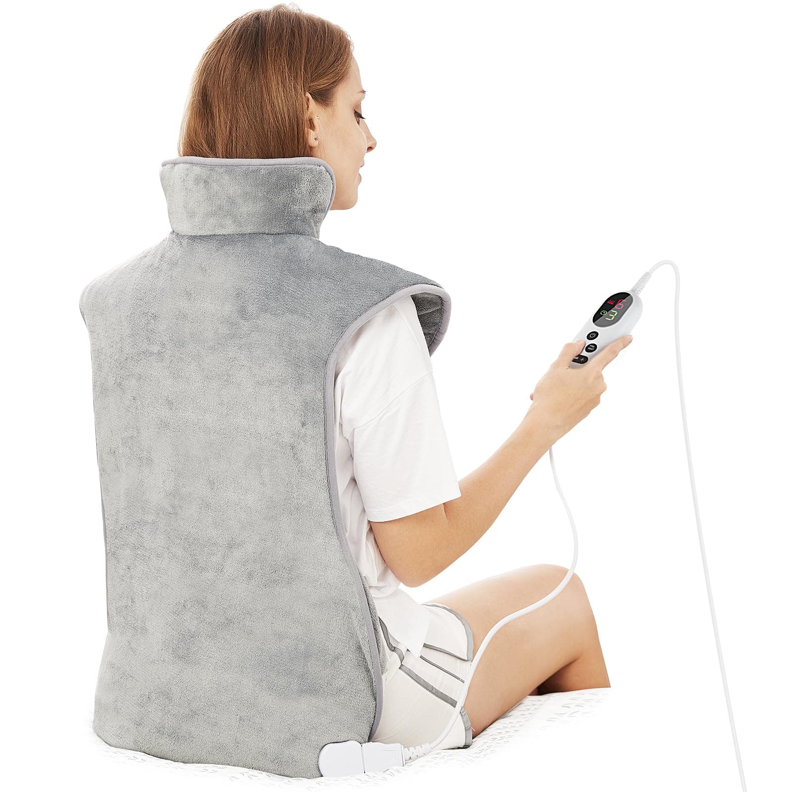 Mia&Coco Electric Heating Pad for Back Pain Relief, Neck and Shoulders (60x100cm) Fast-Heat Heated Warmer with Waist Strap, 6 Heat Levels, Auto-Off Timer, - Comfort Grey