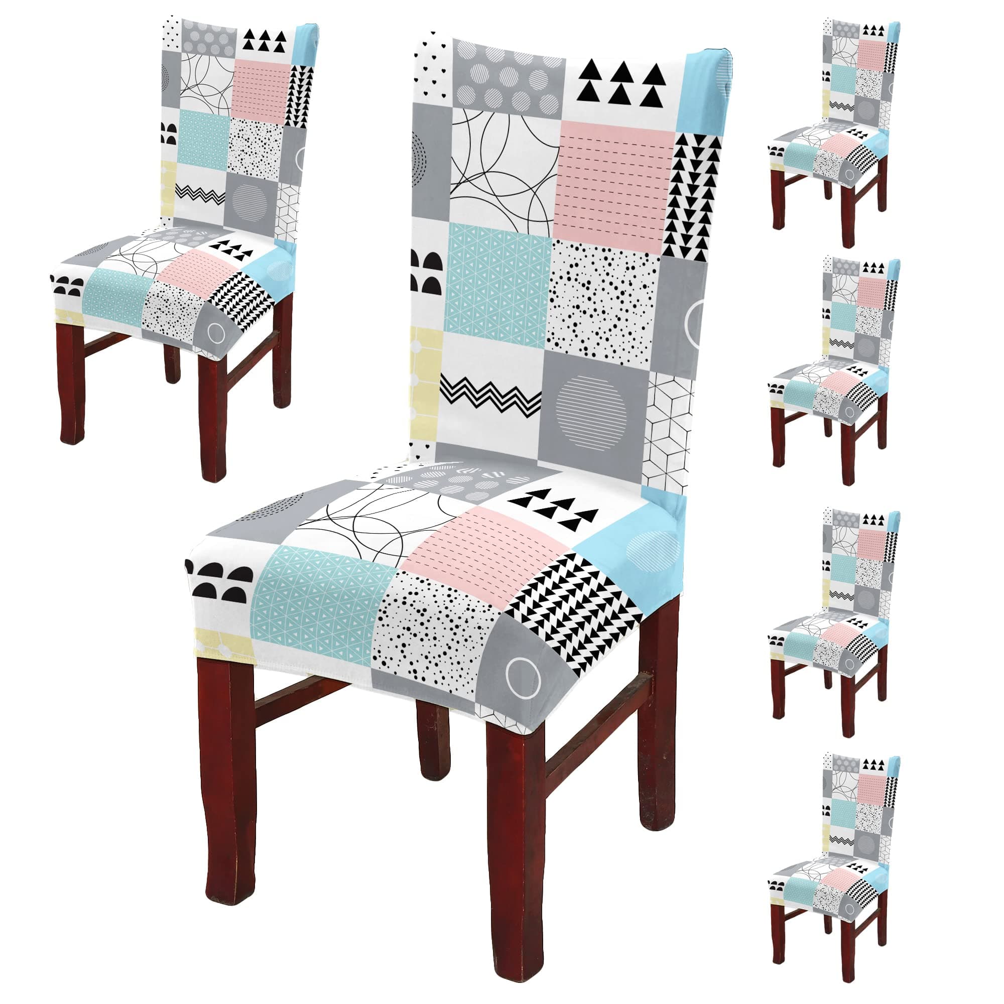 BRIDA Polyester Spandex Stretchable Floral Geometric Printed Dining Chair Covers Elastic Chair Seat Case Protector, Slipcovers (6 Chair Cover, Quilt Square), Multicolor