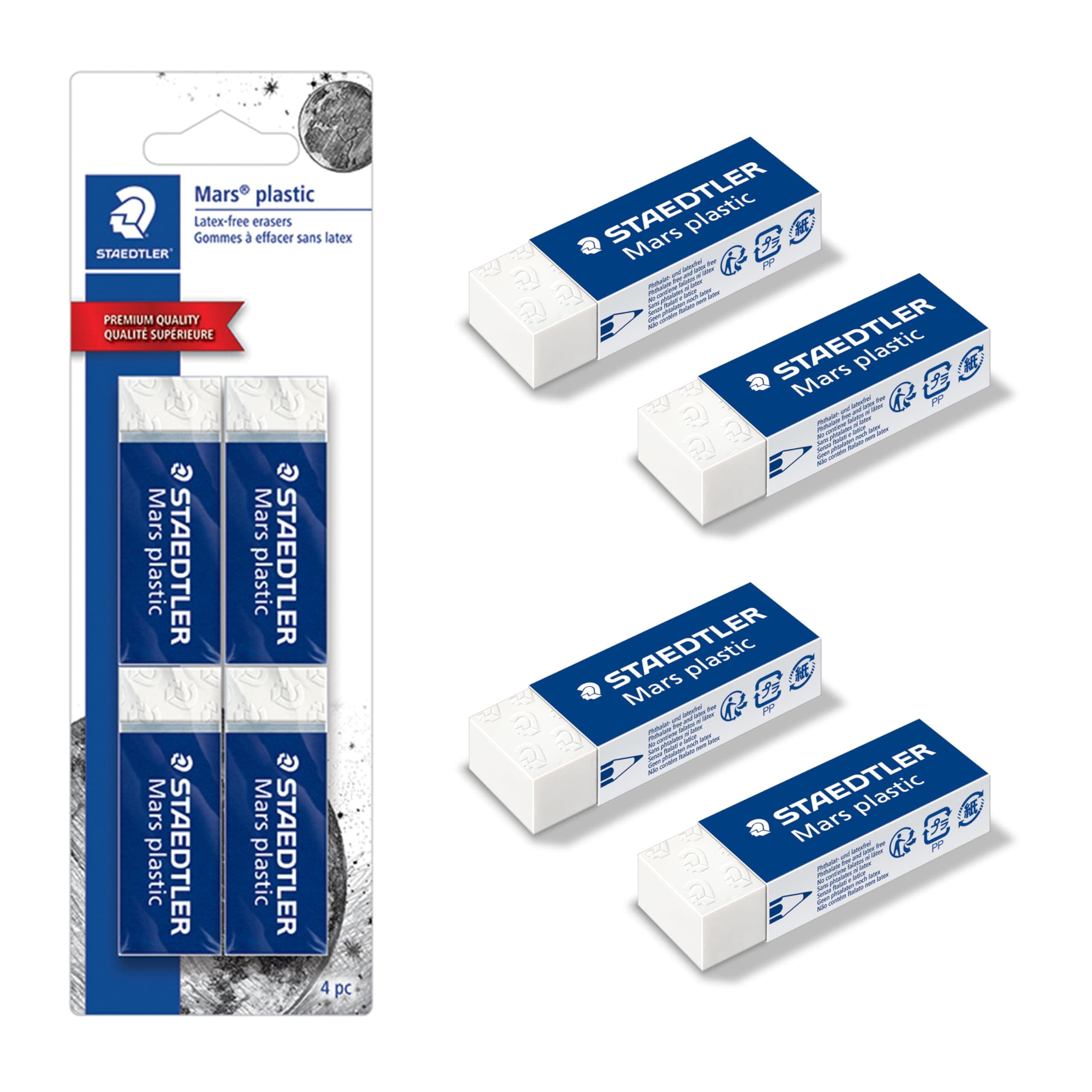 Mars Plastic Vinyl Erasers (4-Pack), White Erasers for Clean & Precise Results - Latex-Free, Minimal Crumbling, Made in Germany