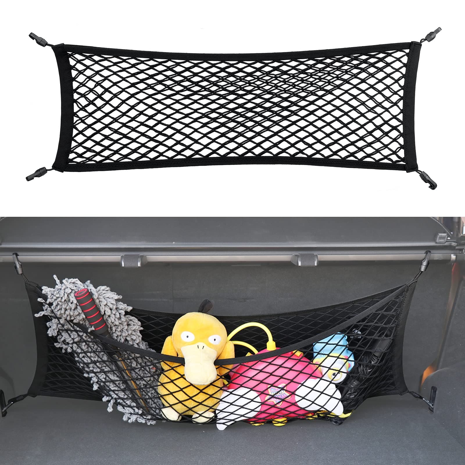 Double-Layer Trunk Cargo Elastic Net for SUV, 35"x11" Stretch to 65"x25" for Car Organizer Heavy Duty with Hooks