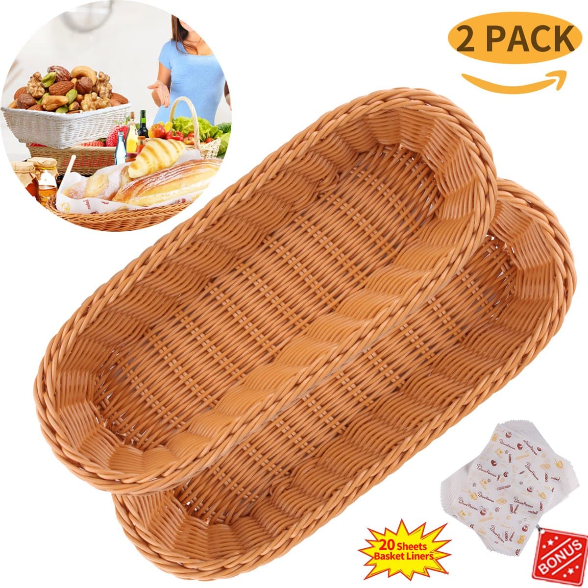 Bread Basket Made of Durable Poly Wicker Serving Basket for Restaurants Kitchen Tabletop Bread Basket with Liner
