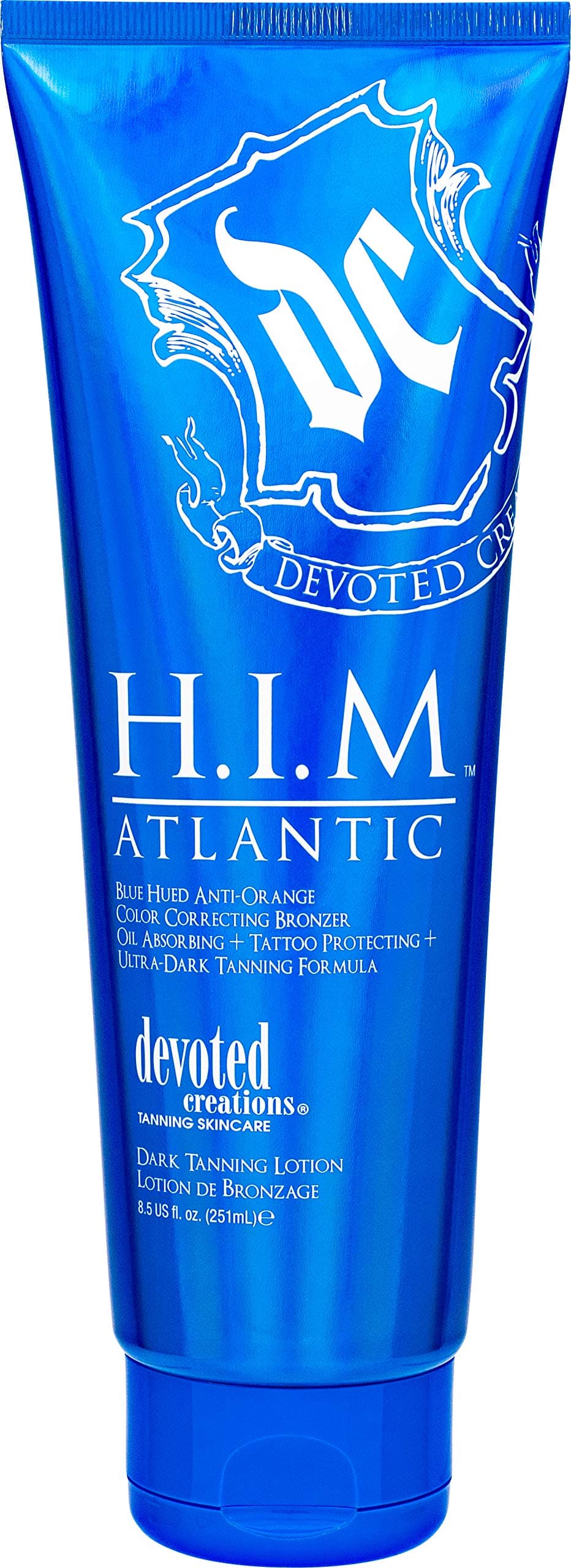 H.I.M Atlantic Tanning Lotion - Blue Hued Anti-Orange Color Correcting Bronzer - Oil Absorbing + Tattoo Protecting + Ultra-Dark Tanning Formula 8.5 oz.