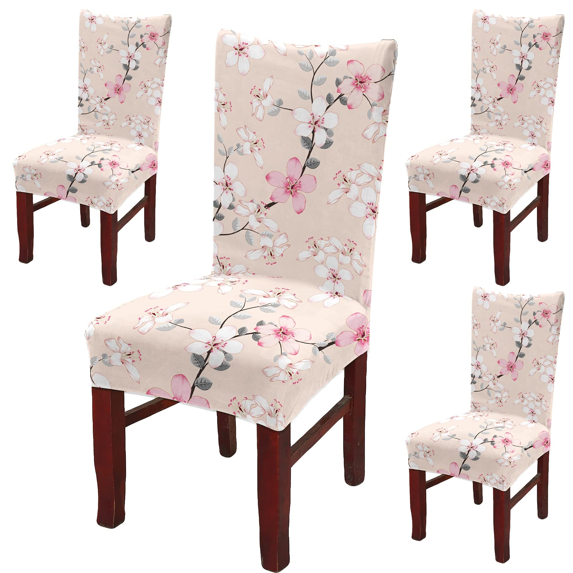 BRIDA® Polyester Spandex Stretchable Floral Geometric Printed Dining Chair Covers Elastic Chair Seat Case Protector, Slipcovers (4 Chair Cover, Peach Flowers)