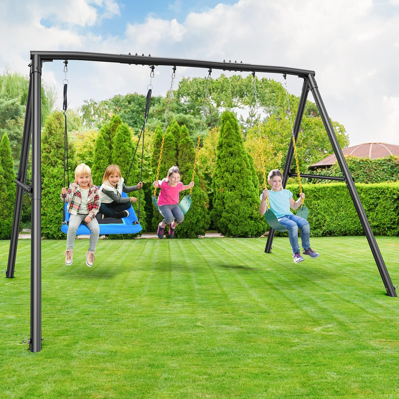 Hapfan 600lbs Heavy Duty Swing Set with 1 Platform Swing, 2 Belt Swings,A Frame Metal Swing Set for Outdoor Backyard (Patented)