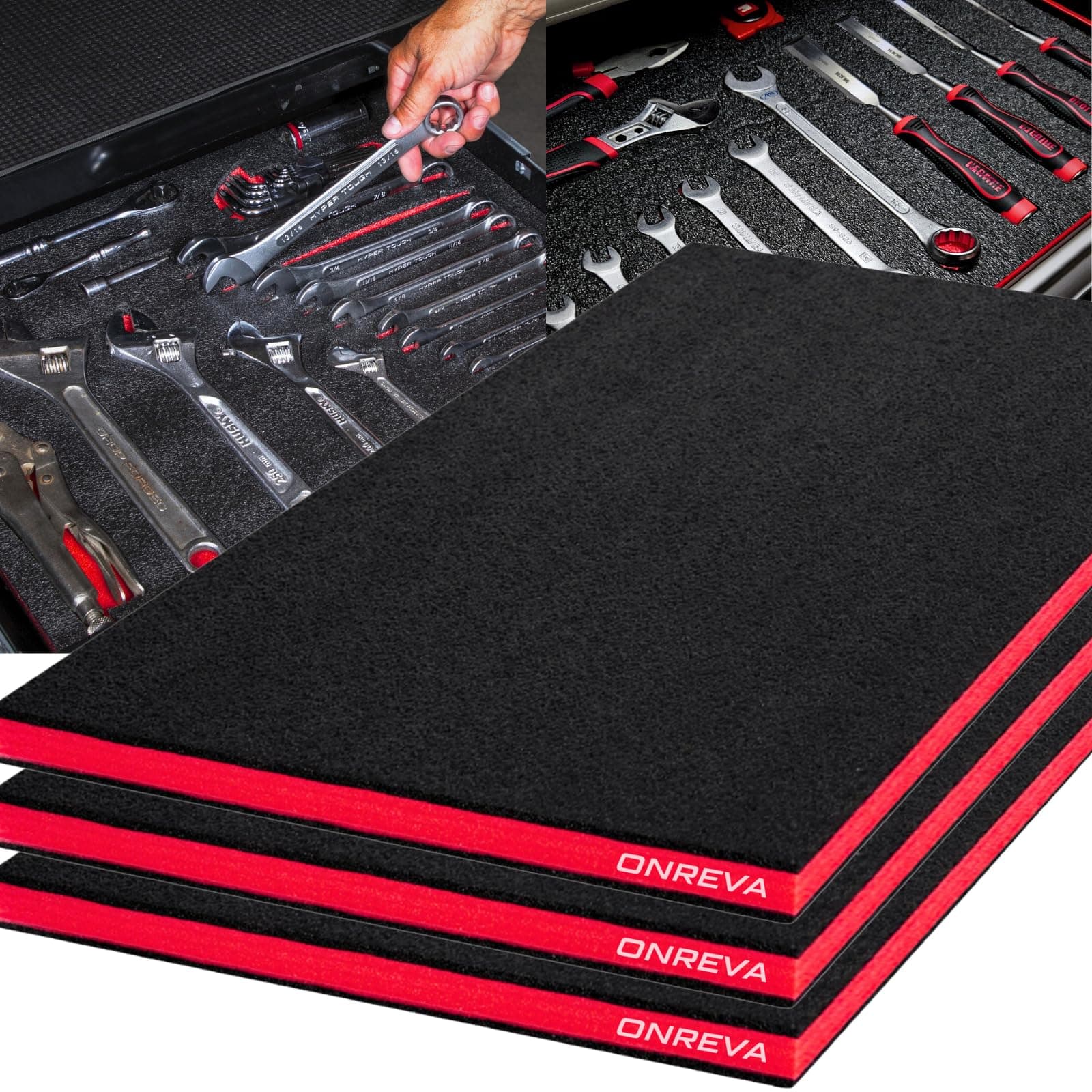 ONREVA Tool Box Foam 18x12x1 inch 3Pack, Foam Inserts for Cases, Polyethylene Storage Sheets for Toolbox Hard Case, Tool Shadow Insert, Kaizen Organizer Sheet, Black with Red