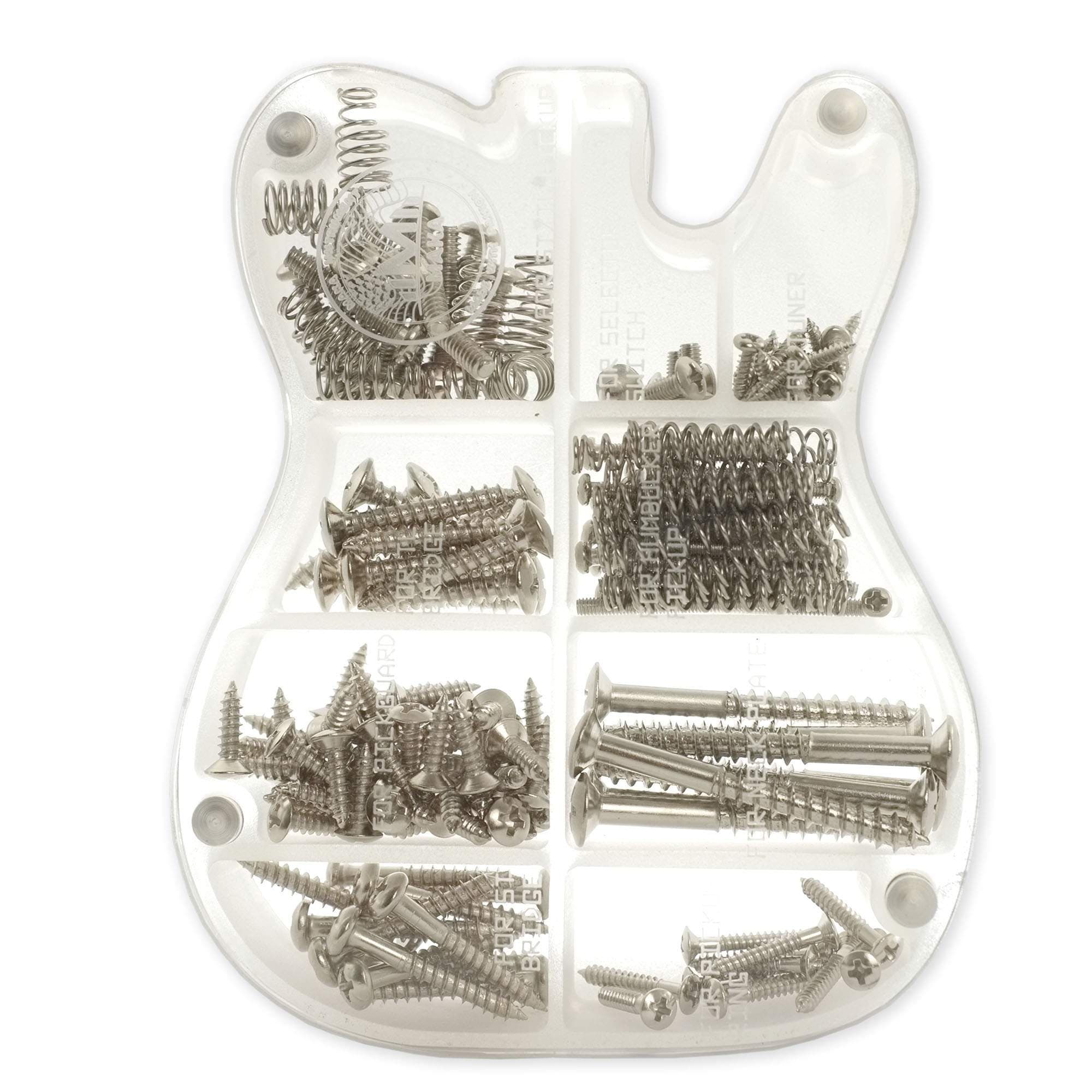 MAKA Guitar Screw Kit Assortment with Custom Acrylic Storage Box for Electric Guitar Bridge, Pickup, Pickguard, Tuner, Switch, Neck Plate, with Springs, Chrome